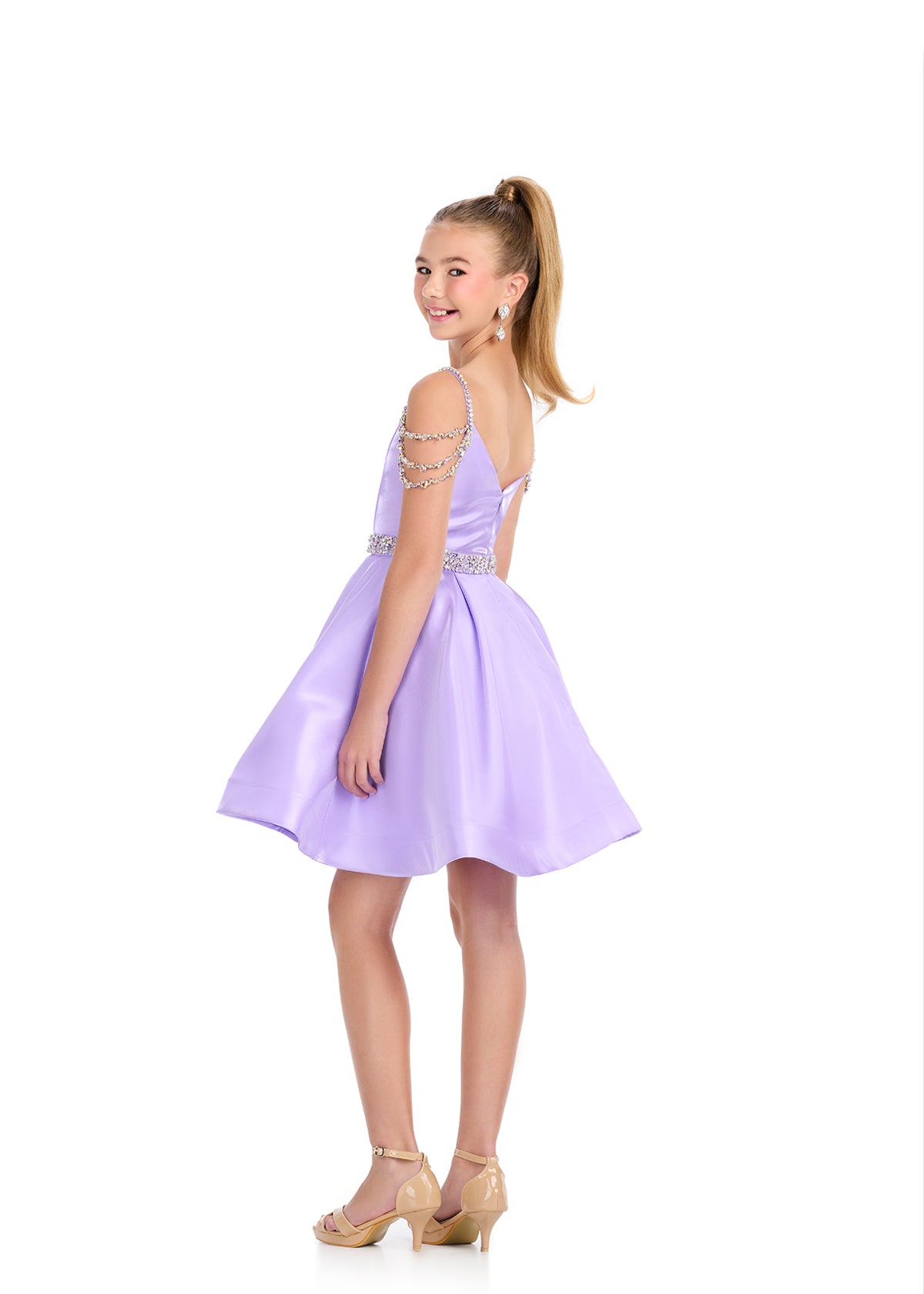 This Ashley Lauren Girls 8277 short cocktail dress is perfect for pageants, formals, and special occasions. Featuring an off the shoulder neckline and shimmering satin fabric, it exudes elegance and sophistication. Ideal for girls who want to stand out in style. Off the shoulder crystal triple straps with Crystal waistband. Flared A Line skirt.