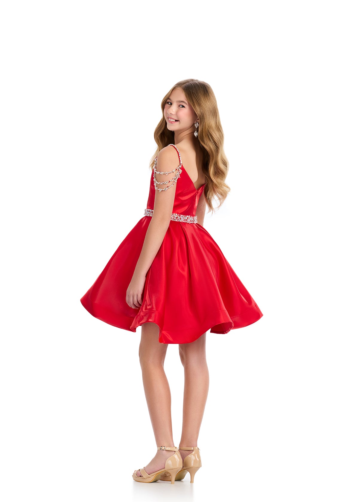 This Ashley Lauren Girls 8277 short cocktail dress is perfect for pageants, formals, and special occasions. Featuring an off the shoulder neckline and shimmering satin fabric, it exudes elegance and sophistication. Ideal for girls who want to stand out in style. Off the shoulder crystal triple straps with Crystal waistband. Flared A Line skirt.