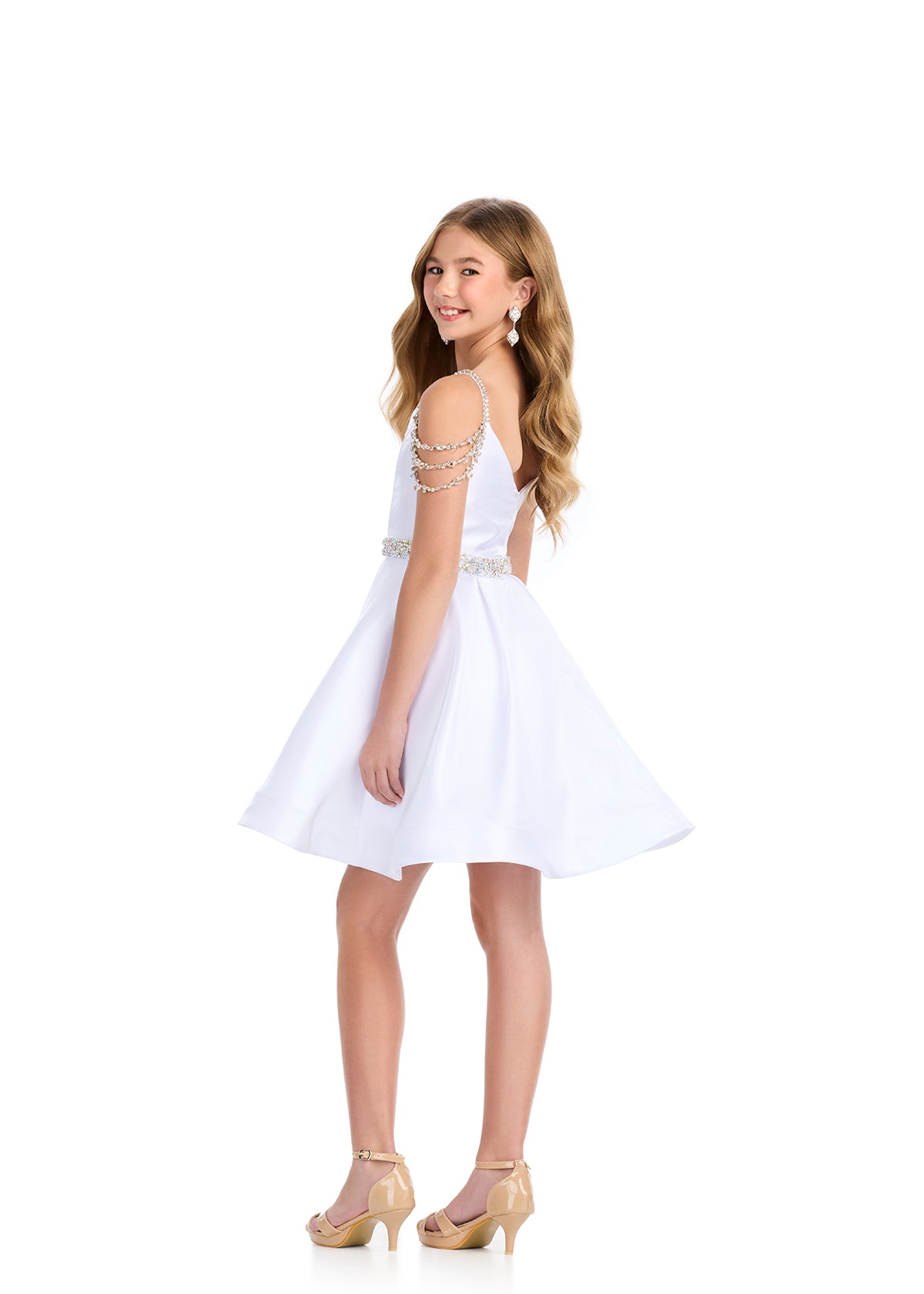 This Ashley Lauren Girls 8277 short cocktail dress is perfect for pageants, formals, and special occasions. Featuring an off the shoulder neckline and shimmering satin fabric, it exudes elegance and sophistication. Ideal for girls who want to stand out in style. Off the shoulder crystal triple straps with Crystal waistband. Flared A Line skirt.