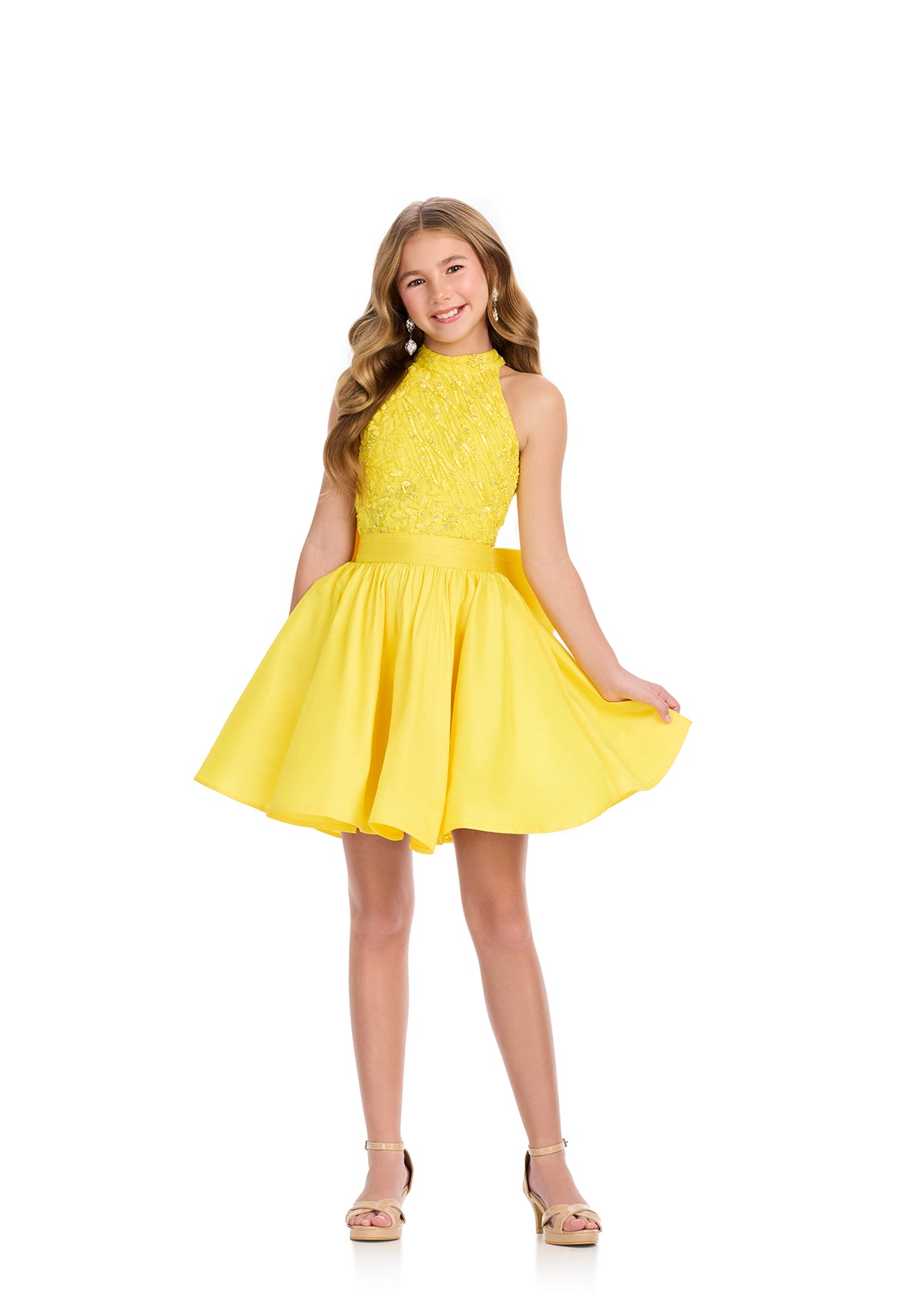 Enhance your little girl's style with the Ashley Lauren Kids Cocktail Dress. Featuring stunning beaded details, a bow embellishment, and a high neck design, this flared short dress is perfect for any special occasion. Let your child shine with confidence and elegance in this luxurious dress. Have a fun and fabulous time in this halter neck cocktail dress! Featuring a fully beaded bodice and a-line taffeta skirt, you'll look and feel like a fashionista.

Halter Neckline
Fully Beaded Bustier
Taffeta A-Line Sk