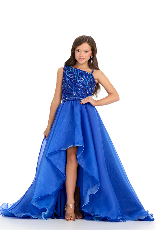 Elevate your little girl's pageant look with the stunning Ashley Lauren Kids 8290 dress. This one shoulder gown boasts intricate beading and a high low layered skirt for a touch of glamour. Perfect for pageants or any special occasion, this dress will make her feel like a true princess.&nbsp;Can you say fabulous? This gorgeous a-line gown features a one shoulder bustier with an intricate beaded design making way to a sweeping organza high low skirt, this dress is the definition of perfection!

One Shoulder 