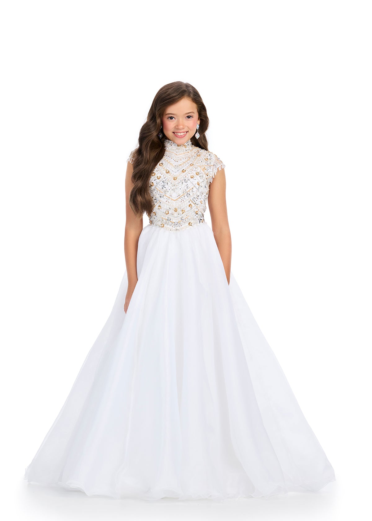 From the pageant stage to the formal event, the Ashley Lauren Kids 8296 dress will make your little girl stand out. The elegant A line design is embellished with exquisite beading and stunning fringe details, while the high neck adds a touch of sophistication. A perfect choice for any special occasion. A ball gown dream! This glamorous ball gown features a fully beaded bodice with a stunning halter neckline. Complete with an organza skirt and open back, this gown belongs in your wardrobe!

Halter Neckline
O