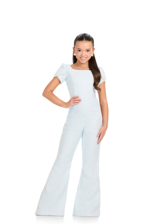 Dress your little one to impress with the Ashley Lauren Kids 8309 Tweed Pageant Jumpsuit. Made with pearl puff sleeves and a tweed fabric, this jumpsuit is perfect for formal occasions and interviews. Its stylish design and comfortable fit will make your child stand out. Simple and stylish! This tweed jumpsuit features a square neckline with pearl trim on the sleeves and down the pant legs. This jumpsuit is one of our favorites!