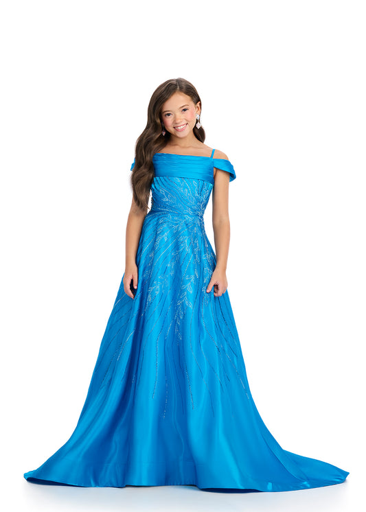 The Ashley Lauren Kids 8317 Girls Long Satin Pageant Dress is perfect for any teen ready to dazzle on stage. The off-the-shoulder design and crystal embellishments add a touch of glamour, while the luxurious satin fabric ensures comfort and style. Elevate any pageant look with this stunning gown.&nbsp;This satin off the shoulder ball gown is giving us major princess vibes. Embellished with an intricate bead pattern giving way to the stunning a-line skirt with a long fabulous train. We are obsessed!

Off Sho