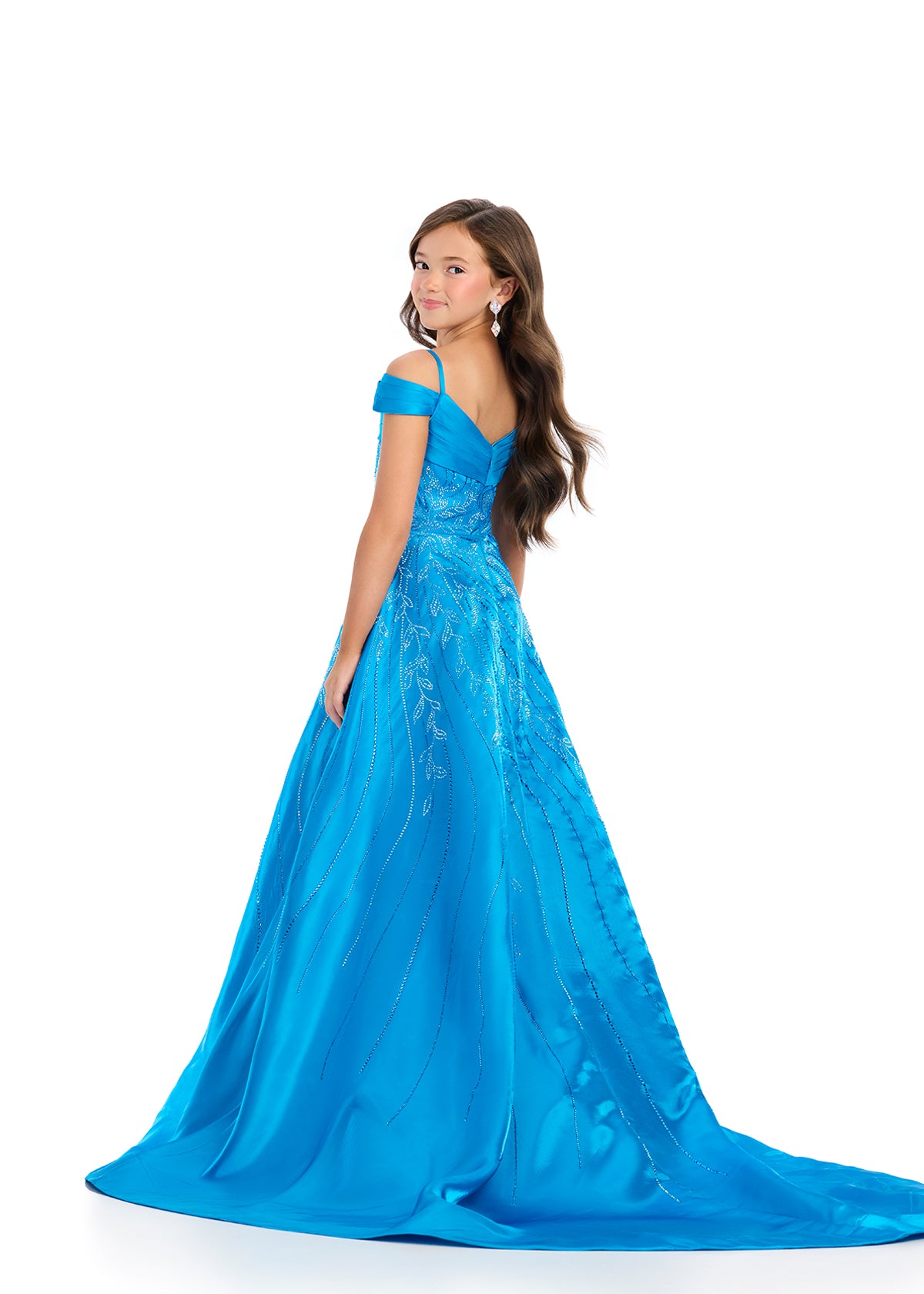 The Ashley Lauren Kids 8317 Girls Long Satin Pageant Dress is perfect for any teen ready to dazzle on stage. The off-the-shoulder design and crystal embellishments add a touch of glamour, while the luxurious satin fabric ensures comfort and style. Elevate any pageant look with this stunning gown.&nbsp;This satin off the shoulder ball gown is giving us major princess vibes. Embellished with an intricate bead pattern giving way to the stunning a-line skirt with a long fabulous train. We are obsessed!

Off Sho