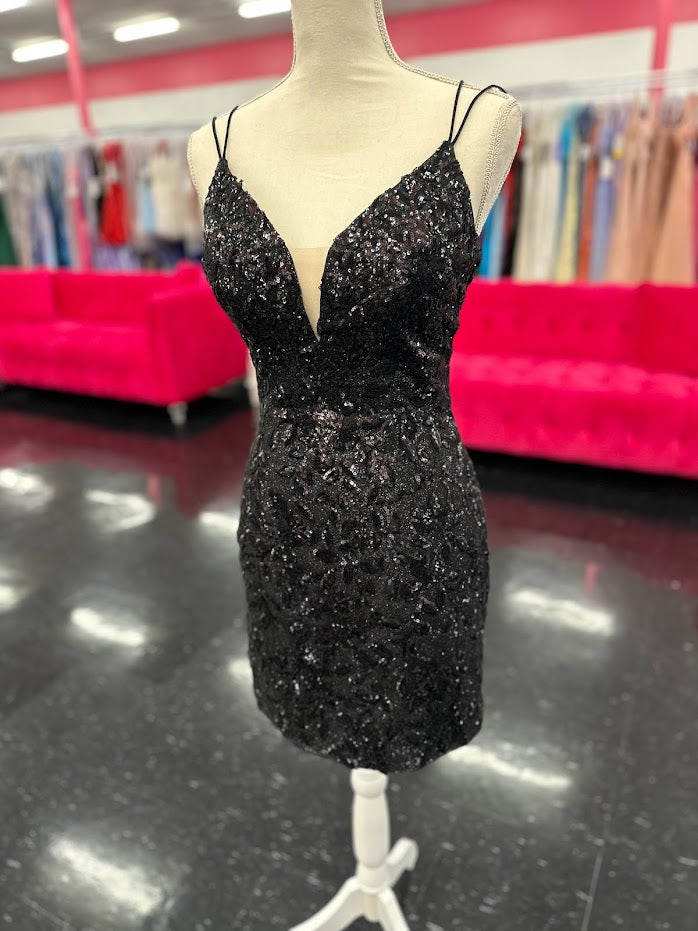 Amarra 87144 is a Short Fitted Iridescent Sequin embellished Formal Cocktail Dress.  This  Backless Corset Homecoming Gown is a true stunner for any formal event!  Black size 6  Available Colors: Black