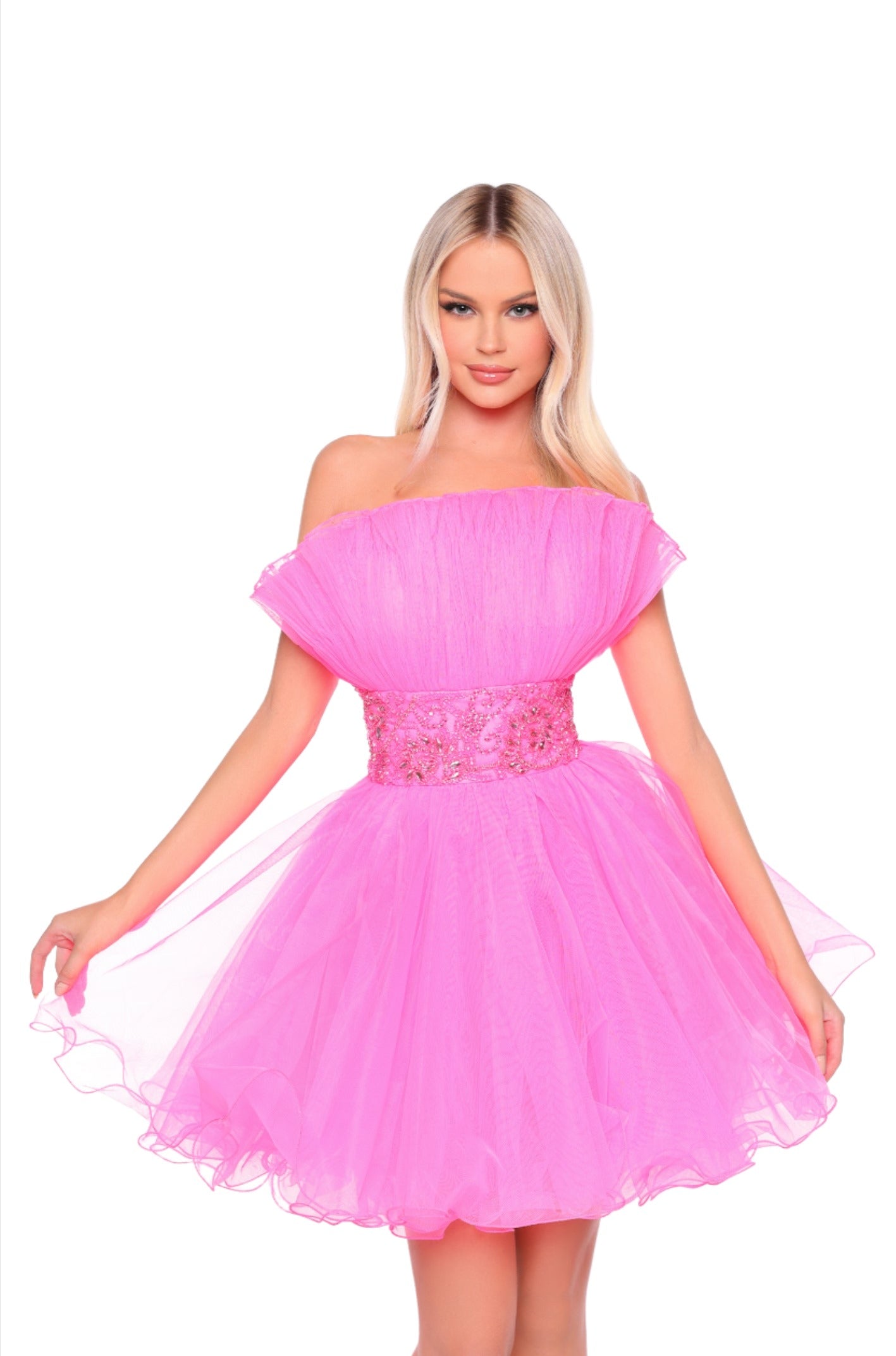 Introducing the Amarra 88038 Short Tulle A Line Homecoming Dress. This beautifully designed strapless gown features pleated tulle fabric for a sophisticated look. Perfect for any formal occasion, this dress is sure to make a statement. Expertly crafted with high-quality materials, this A-line dress will make you feel confident and elegant. This strapless tulle dress features a crinkly texture with gathered detail across the top.