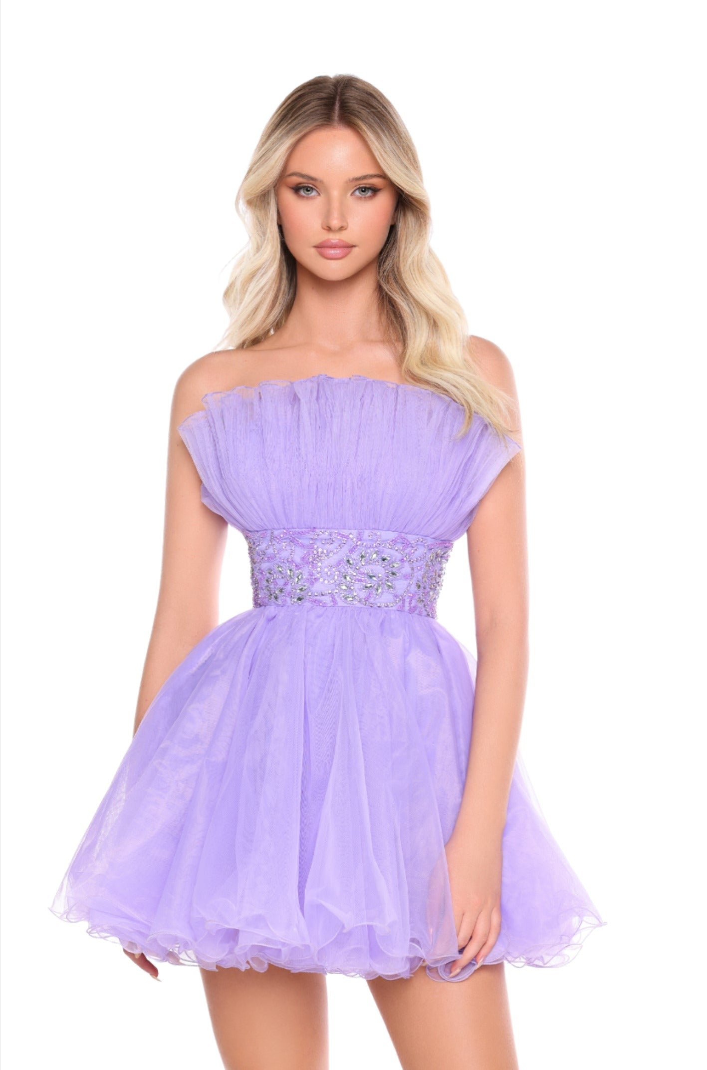 Introducing the Amarra 88038 Short Tulle A Line Homecoming Dress. This beautifully designed strapless gown features pleated tulle fabric for a sophisticated look. Perfect for any formal occasion, this dress is sure to make a statement. Expertly crafted with high-quality materials, this A-line dress will make you feel confident and elegant. This strapless tulle dress features a crinkly texture with gathered detail across the top.