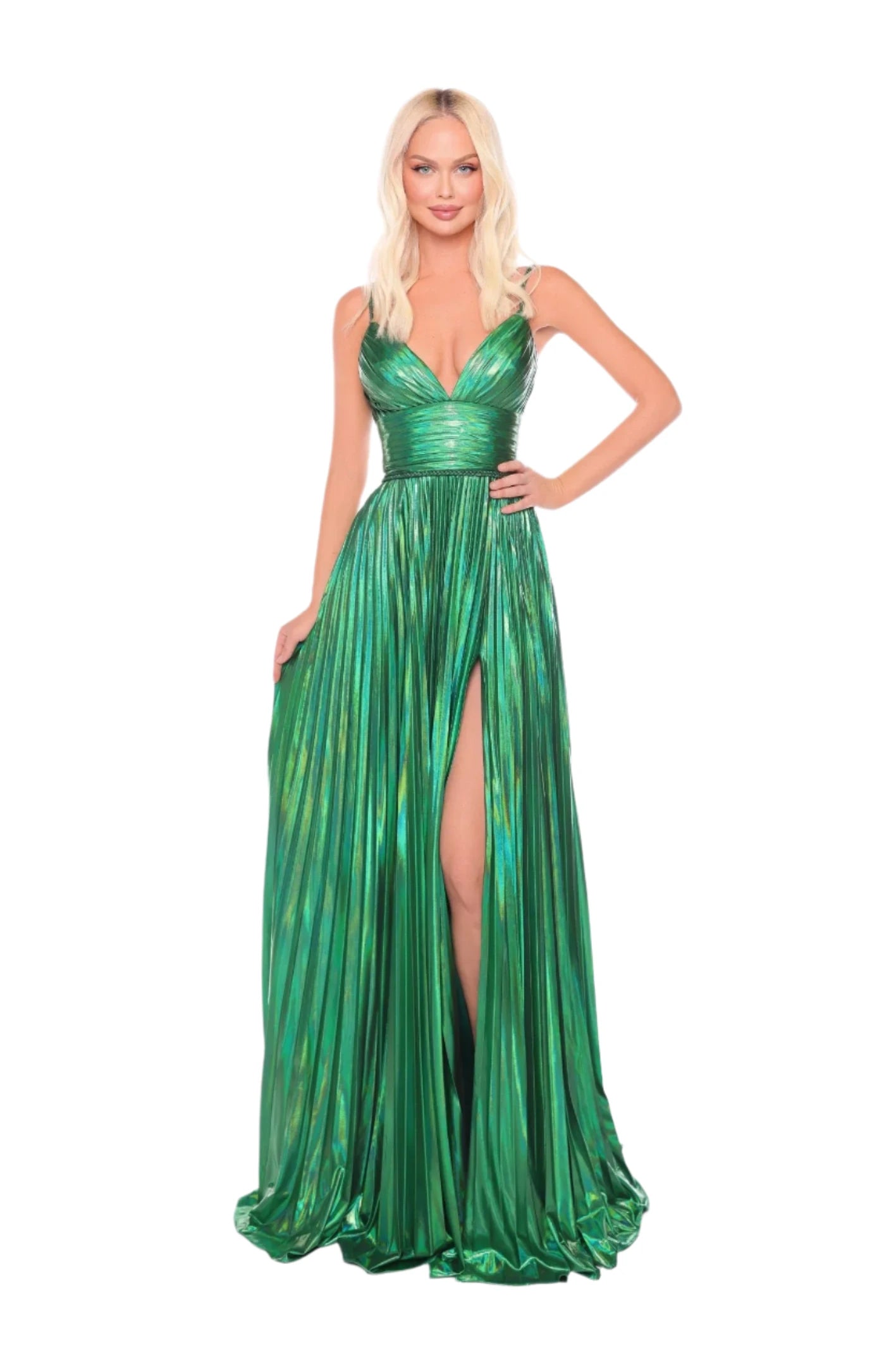 Indulge in luxury and sophistication with the Amarra 88096 Long Metallic Pleated Prom Dress. Adorned with a stunning V-neckline and a corset designed to enhance your figure, this elegant maxi dress will make you feel like a work of art. Its metallic pleated fabric and thigh-high slit add a touch of glamour to any formal evening event.