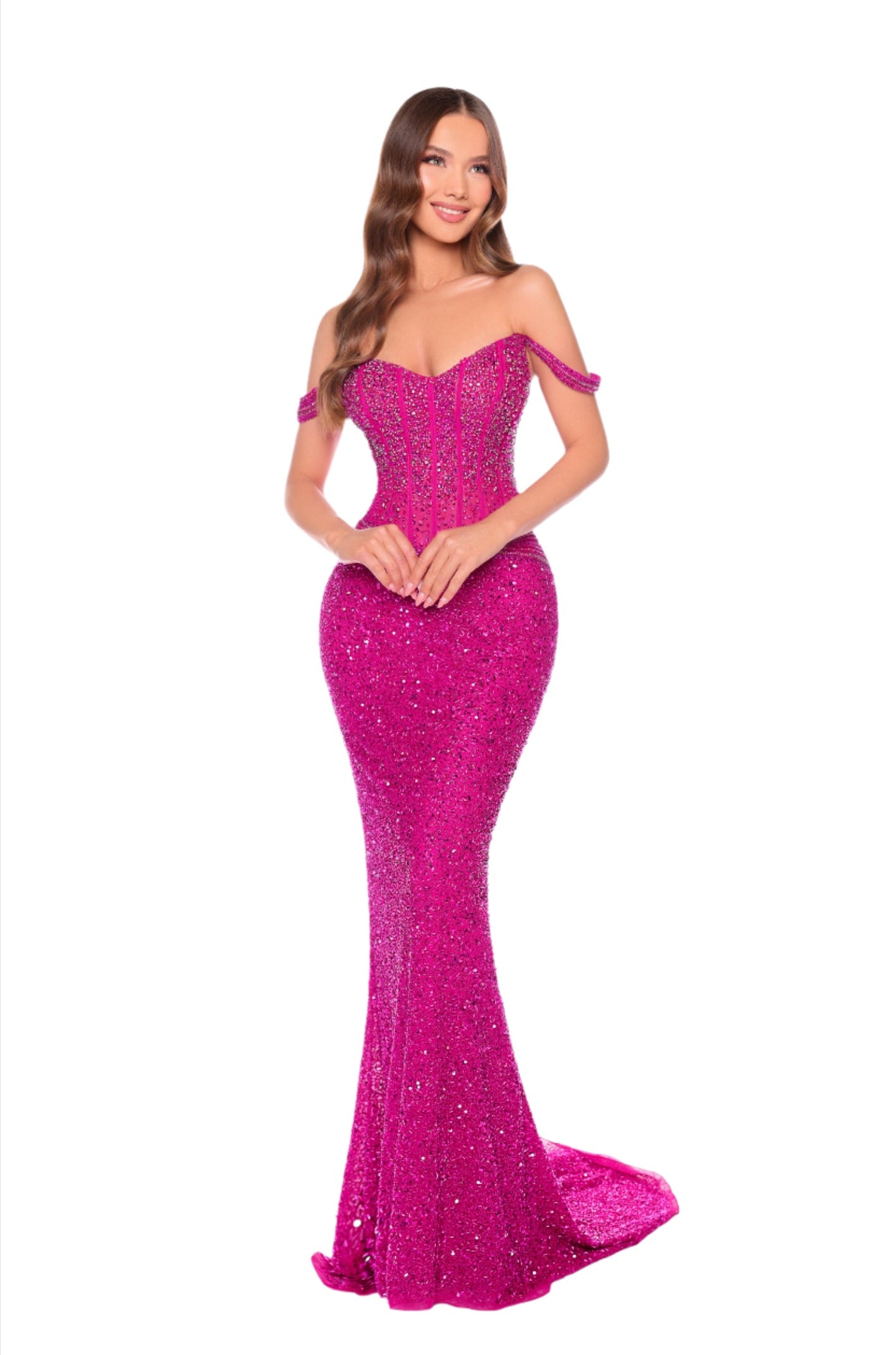 Dazzle in the Amarra 88108 long beaded corset dress. Featuring an off-the-shoulder scoop neck with intricate sequin detailing, this formal gown exudes sophistication and elegance. The corset design creates a flattering silhouette, perfect for any pageant or special event. Make a statement with this stunning dress.&nbsp;  Sizes: 000-16&nbsp;  Colors: Bright Fuchsia, Dark Nude/Silver, Gold, Peacock, Red