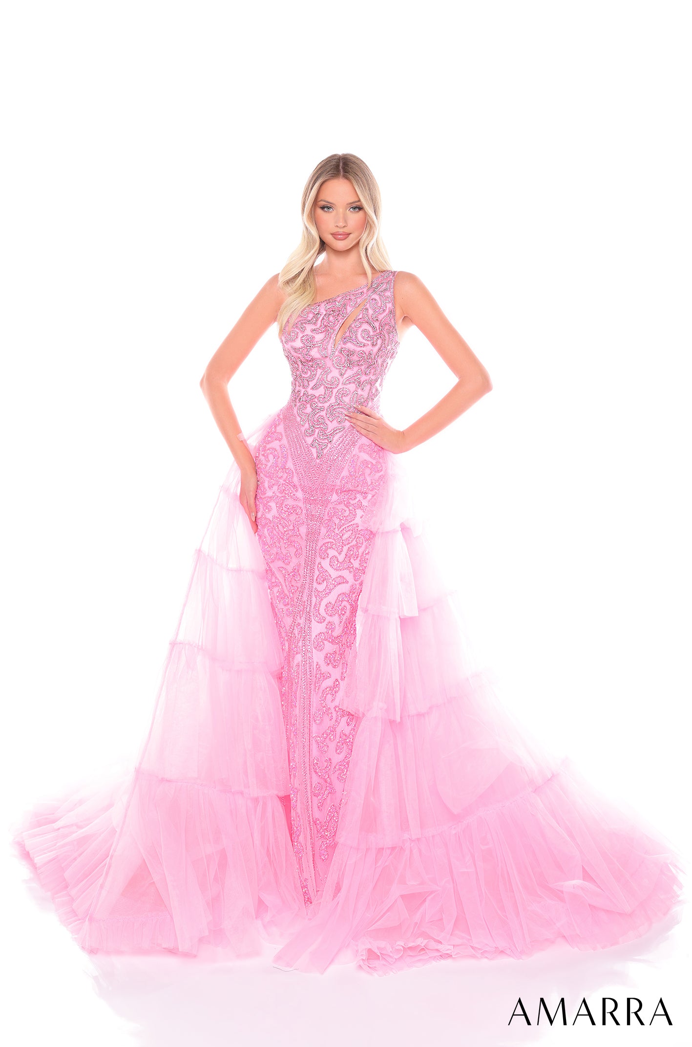 Introducing the Amarra 88147 Beaded One Shoulder Pageant Dress. With intricate beading and a tiered overskirt, this formal gown exudes elegance and sophistication. The crystal detailing adds a touch of sparkle, making you stand out at any event. Elegant tiered tulle gown with intricate crystals and sequin, and a flattering one shoulder neckline. 