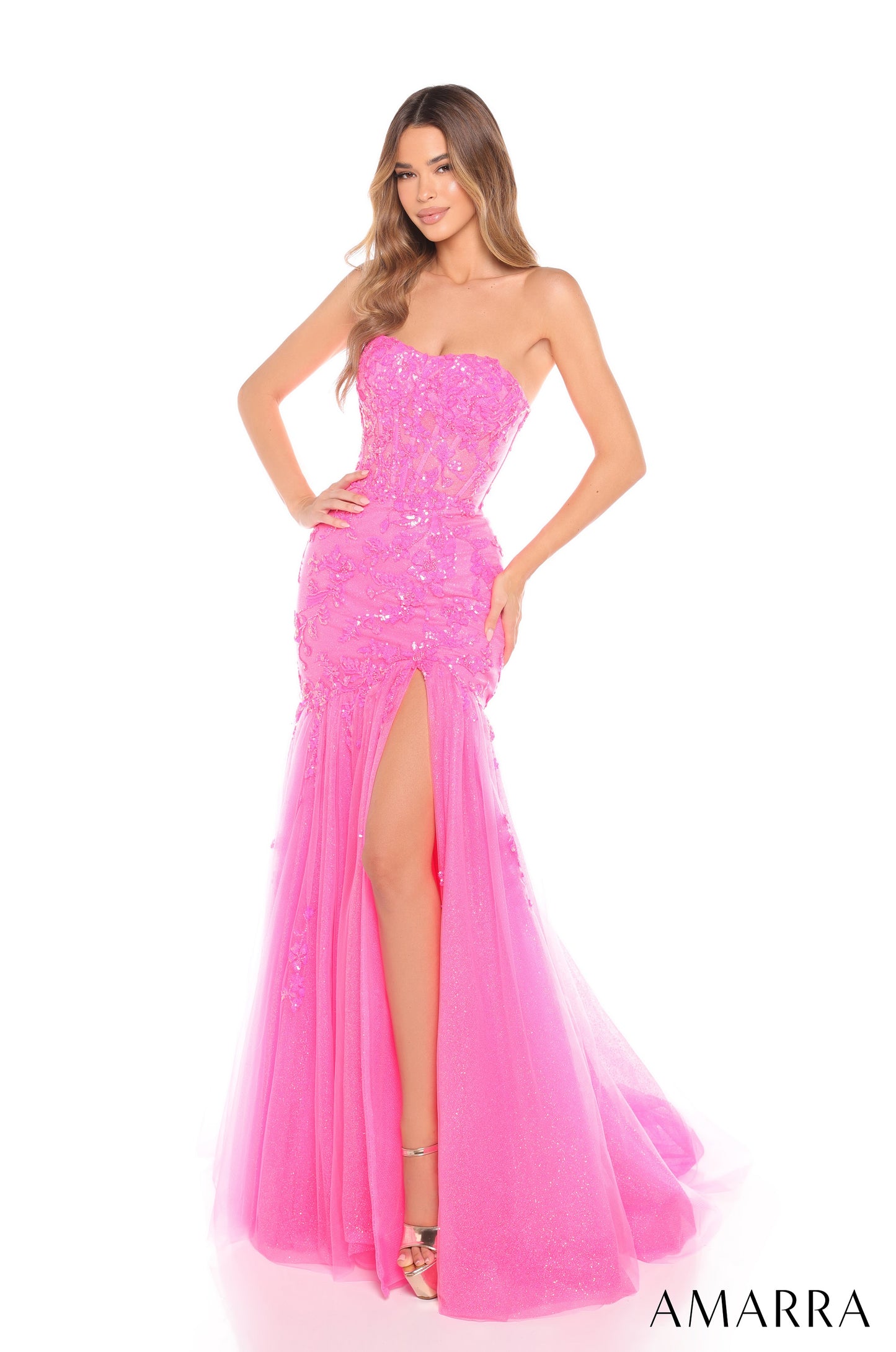 Amarra 88232 Sparkly Mermaid Prom Dress With Sequin Bodice Fit and Flare Tulle Pleats Strapless Evening Gown