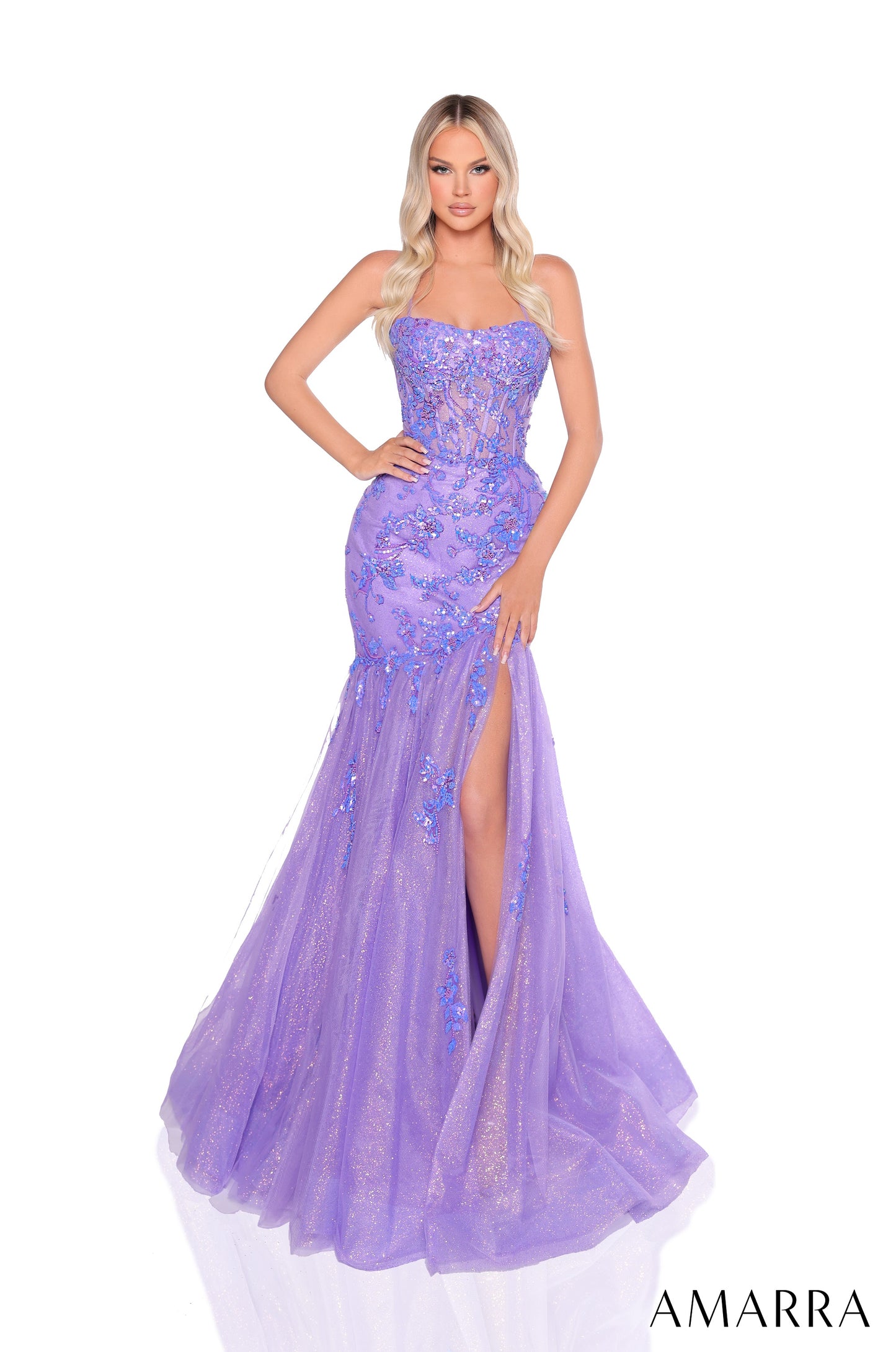 Amarra 88232 Sparkly Mermaid Prom Dress With Sequin Bodice Fit and Flare Tulle Pleats Strapless Evening Gown