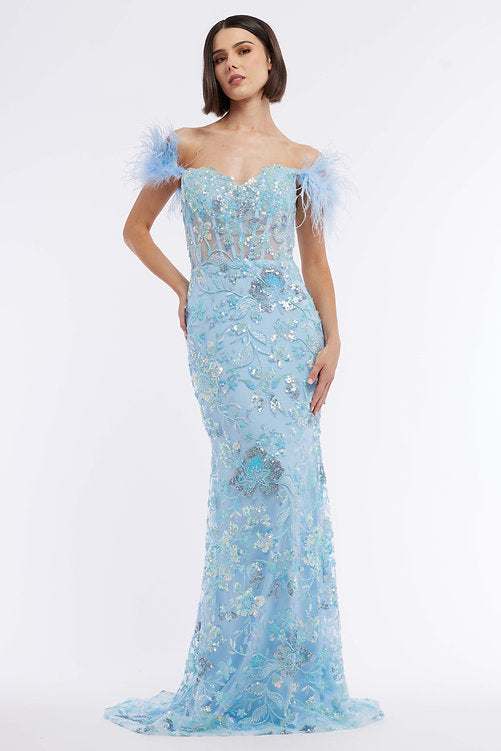 This exquisite Vienna Prom 8867 dress features a long sheer sequin corset for a modern, sophisticated look. This off the shoulder feather formal gown is embellished with intricate beading and sequins, giving it a glamorous feel perfect for a pageant or other special event. A timelessly elegant option for any wardrobe.  Sizes: 00-16  Colors: Blue, Green, Pink, Purple