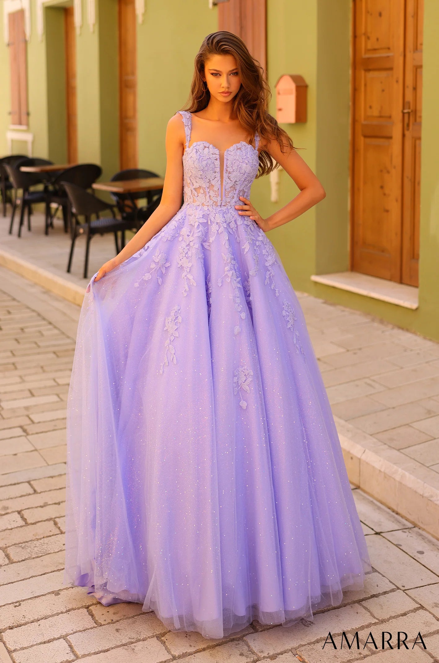 Amarra 88739 Long Prom Dress Off Shoulder Ball Gown Plunging Sweetheart Lace 3-D Floral Formal Pageant Gown