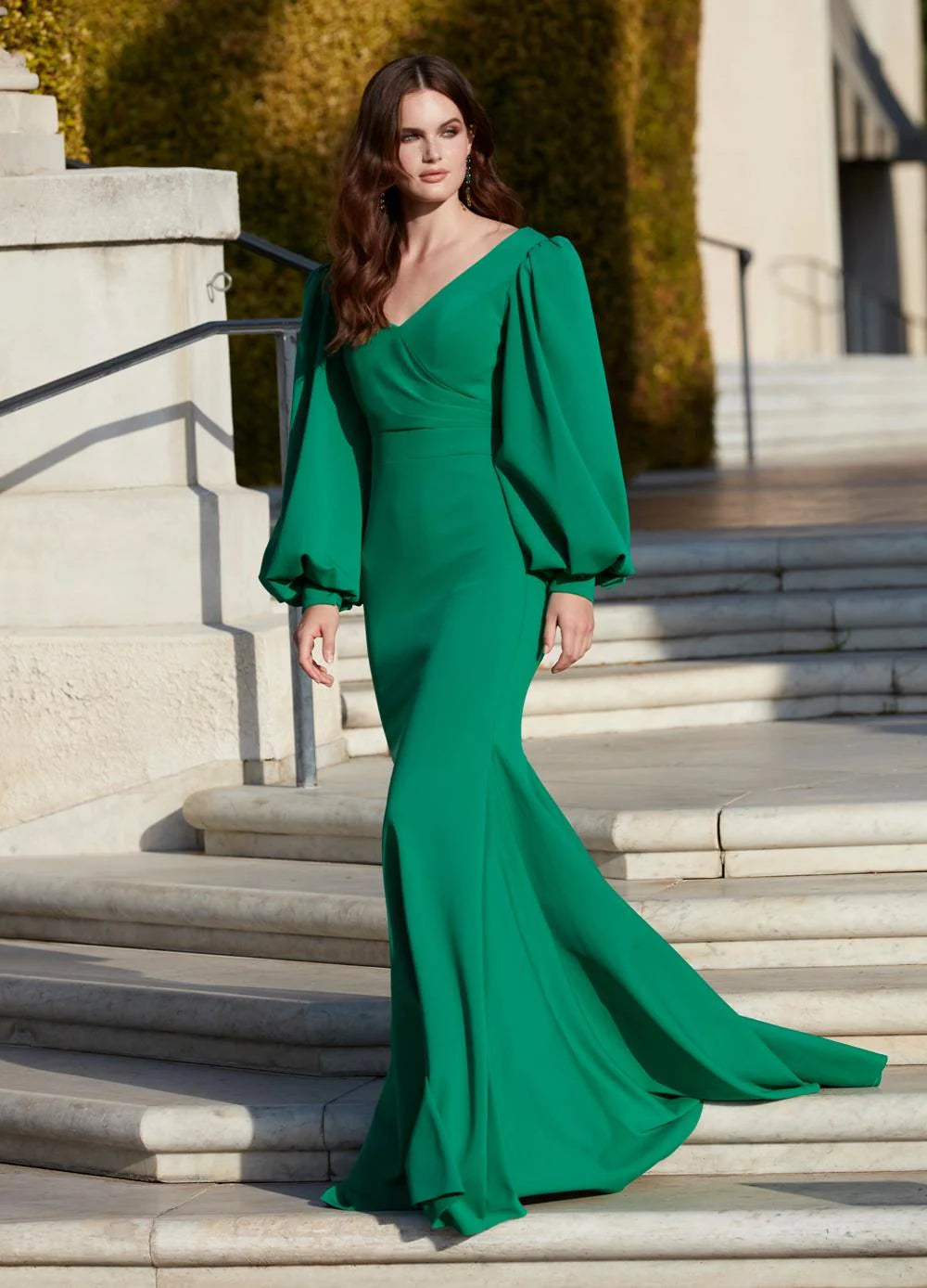 Ashley Lauren 11345 Long Evening Gown V-Neckline Dress with Bishop Sleeves Formal