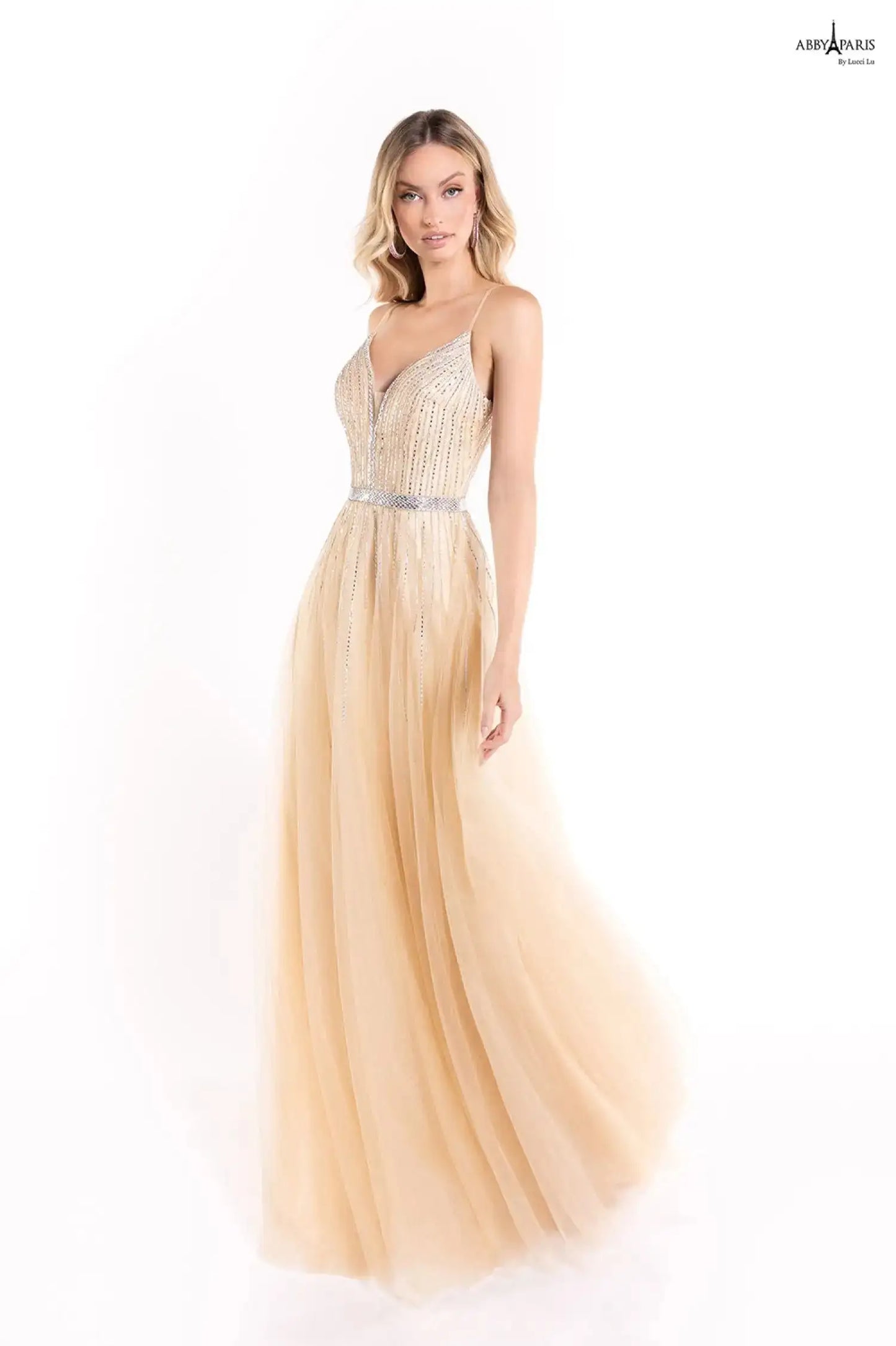 Abby Paris 90083 Size 0 Blush Long A Line Shimmer v neck Backless Prom Dress Embellished Formal Gown