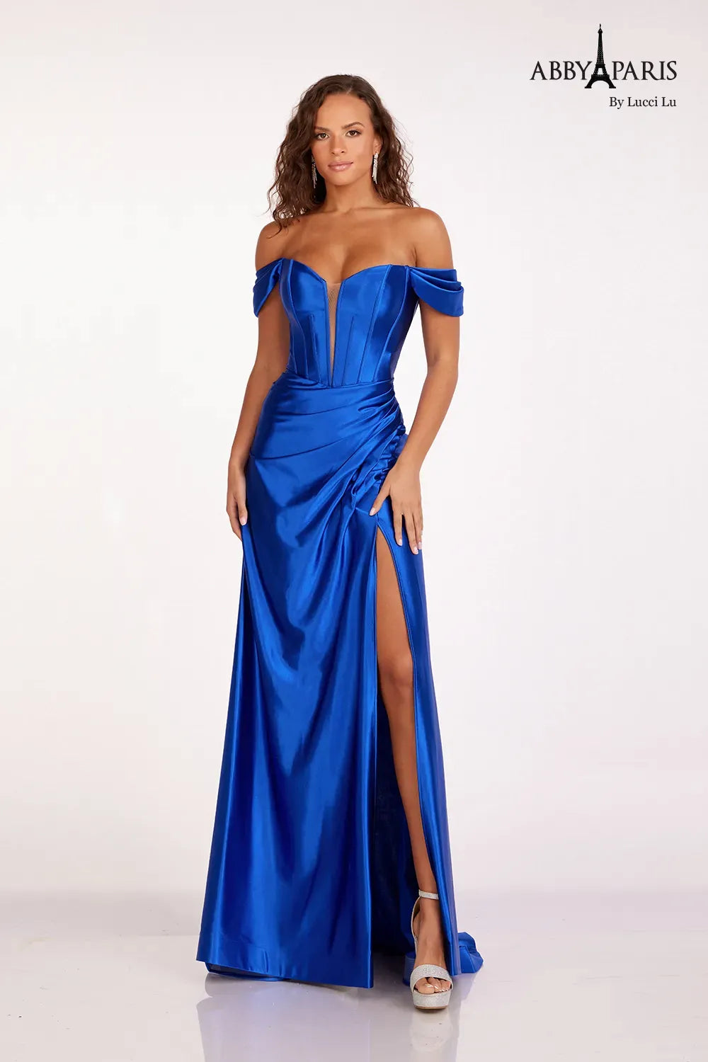 Abby Paris 90216 Size 4 Dusty Blue Satin off the shoulder Ruched slit Prom Dress Evening Gown Bridesmaid