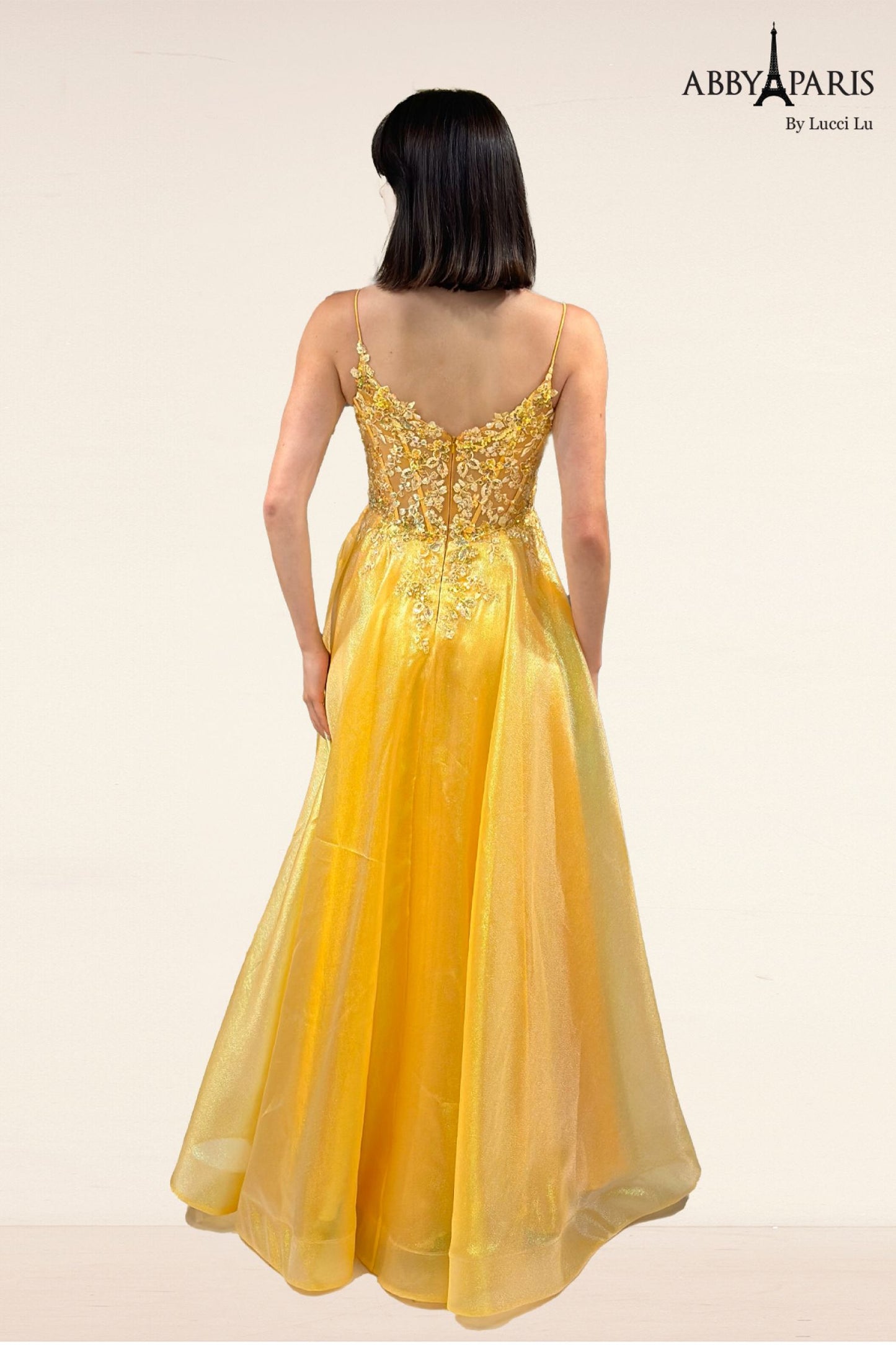 Abby Paris 90290 Size 8 Yellow Sheer Sequin Lace Corset Prom Dress Metallic A Line Formal Gown