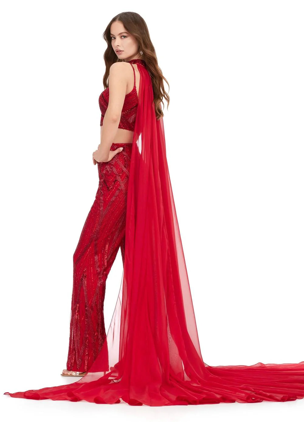 Ashley Lauren 11385 Fully Beaded 2-Piece With Chiffon Cape Spaghetti Strap Jumpsuit