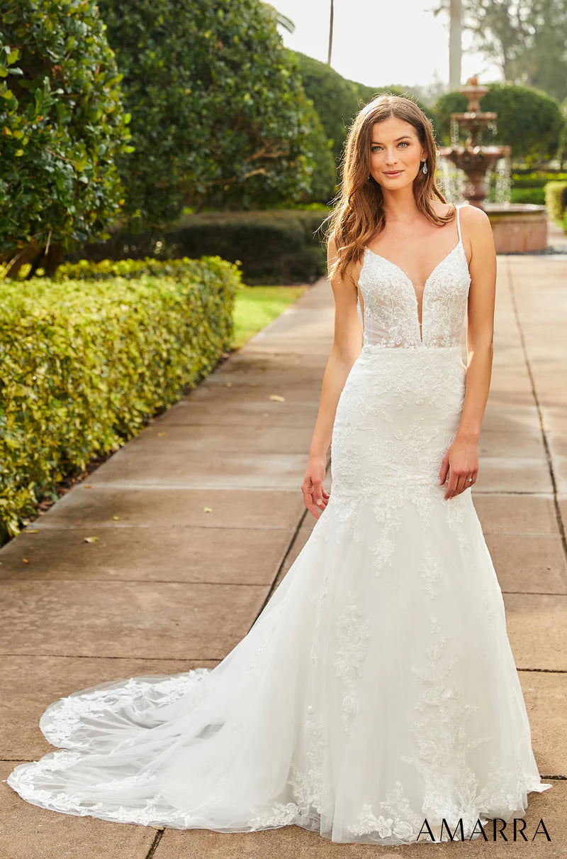 ﻿Amarra Bridal "Alexandra" Mermaid Spaghetti Strap Plunging neckline Sheer Embroidered Bodice Wedding Gown. If you’re looking for a classic and elegant wedding dress with lots of charm, meet Alexandra.