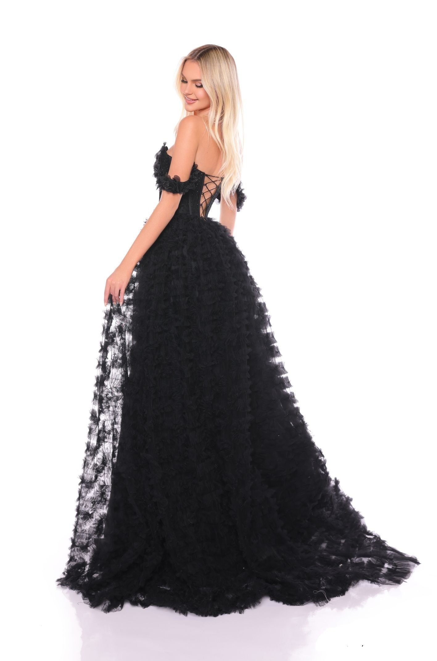 Amarra 88512 Black Prom Dress evening gown, with its corset-style bodice, off-the-shoulder design, sweetheart neckline, cascading layers of black tulle, daring thigh-high slit, and crisscross lace-up back.