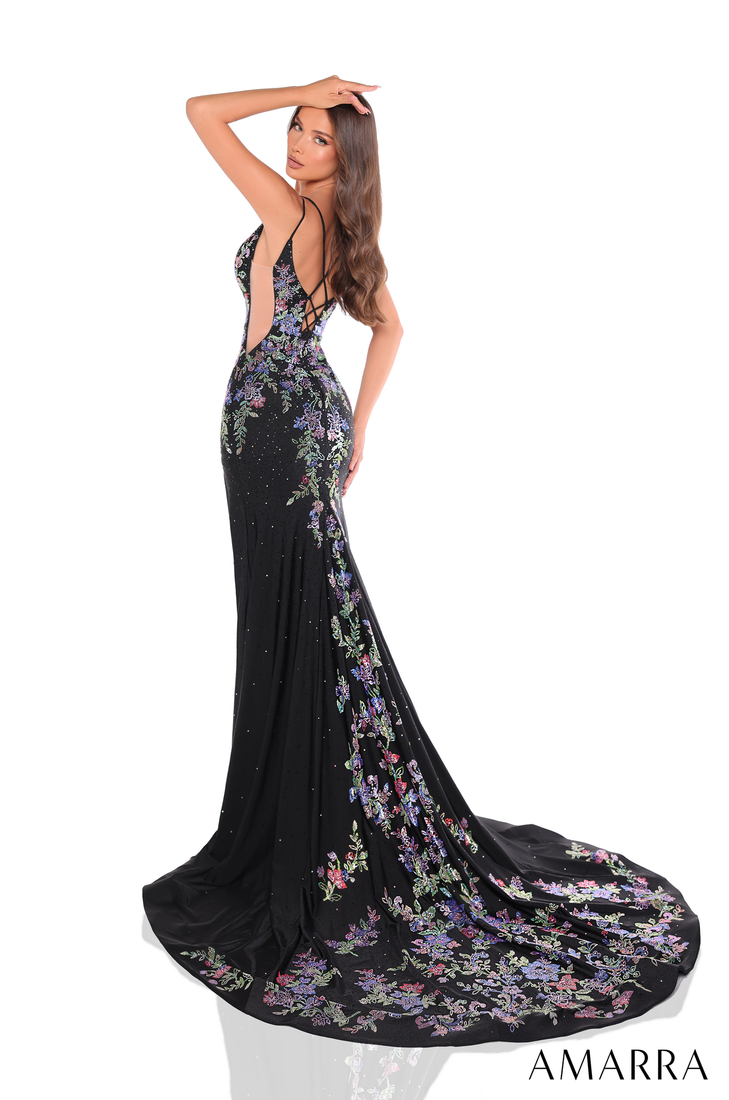 Amarra 88200 floral details prom dress fitted v neckline long evening gown