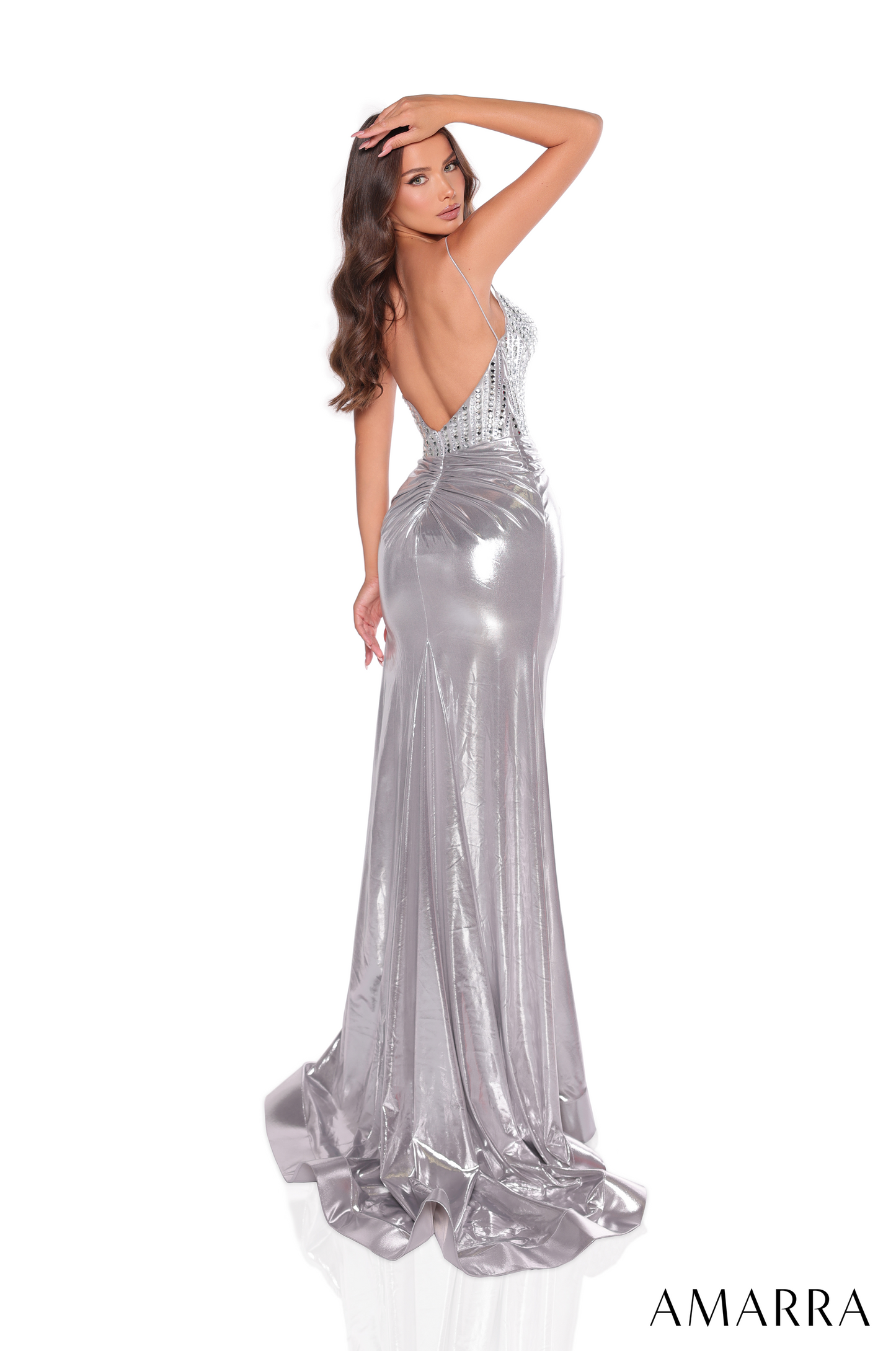 Amarra 88212 Metallic Floor Length Dress Corset Keyhole Sweetheart Neckline Slit Train