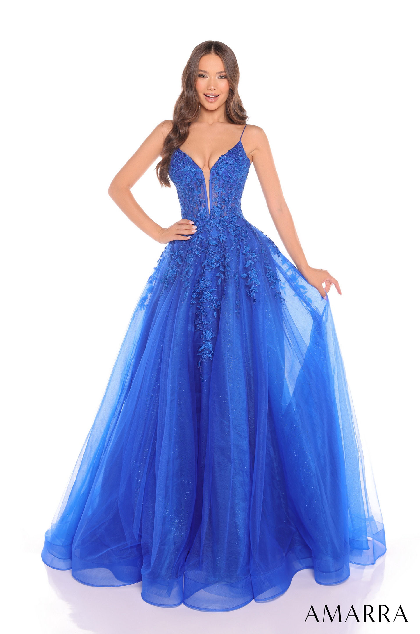 Amarra 88245 Lace A-Line Prom Dress Plunging Neckline Glitter Tulle Corset Tie Back