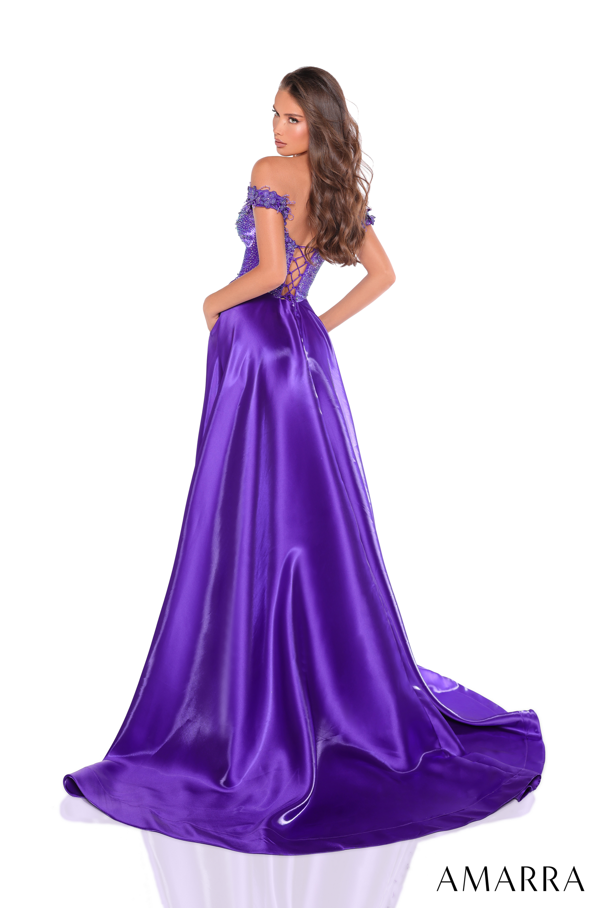 Amarra 88247 Off The Shoulder A line Prom Dress With 3D Flowers Trimmed Sweetheart Neckline Satin Wrap Skirt