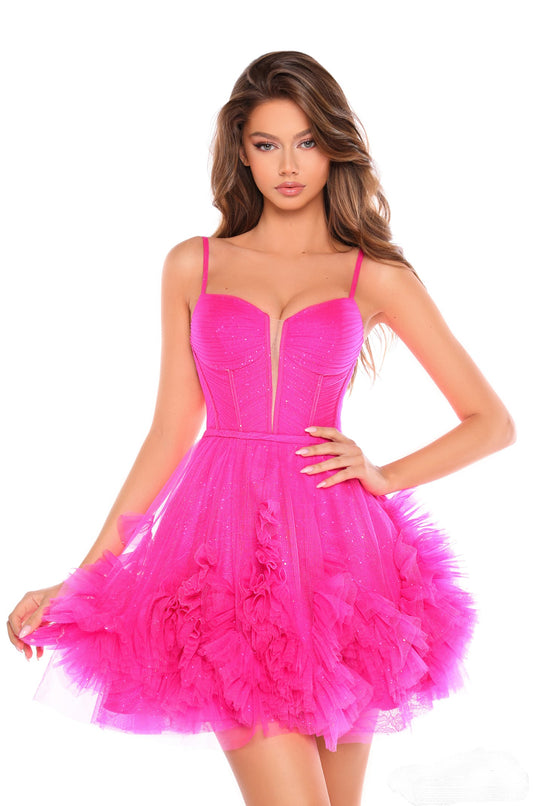 Amarra 88677 Short Ruffle A Line Tulle Sheer Corset Cocktail Dress Homecoming Gown