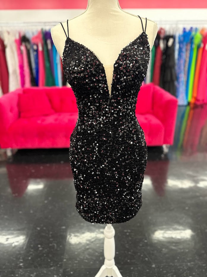 Make a statement in the Amarra 88660 Sequined Velvet Homecoming Cocktail Dress. Featuring a v neckline, spaghetti straps, sheer panels and a lace up corset back, this dress is sure to turn heads. Crafted with luxurious sequined velvet, it's the perfect combination of comfort and style.  Size: 6, 14   Color: Black    