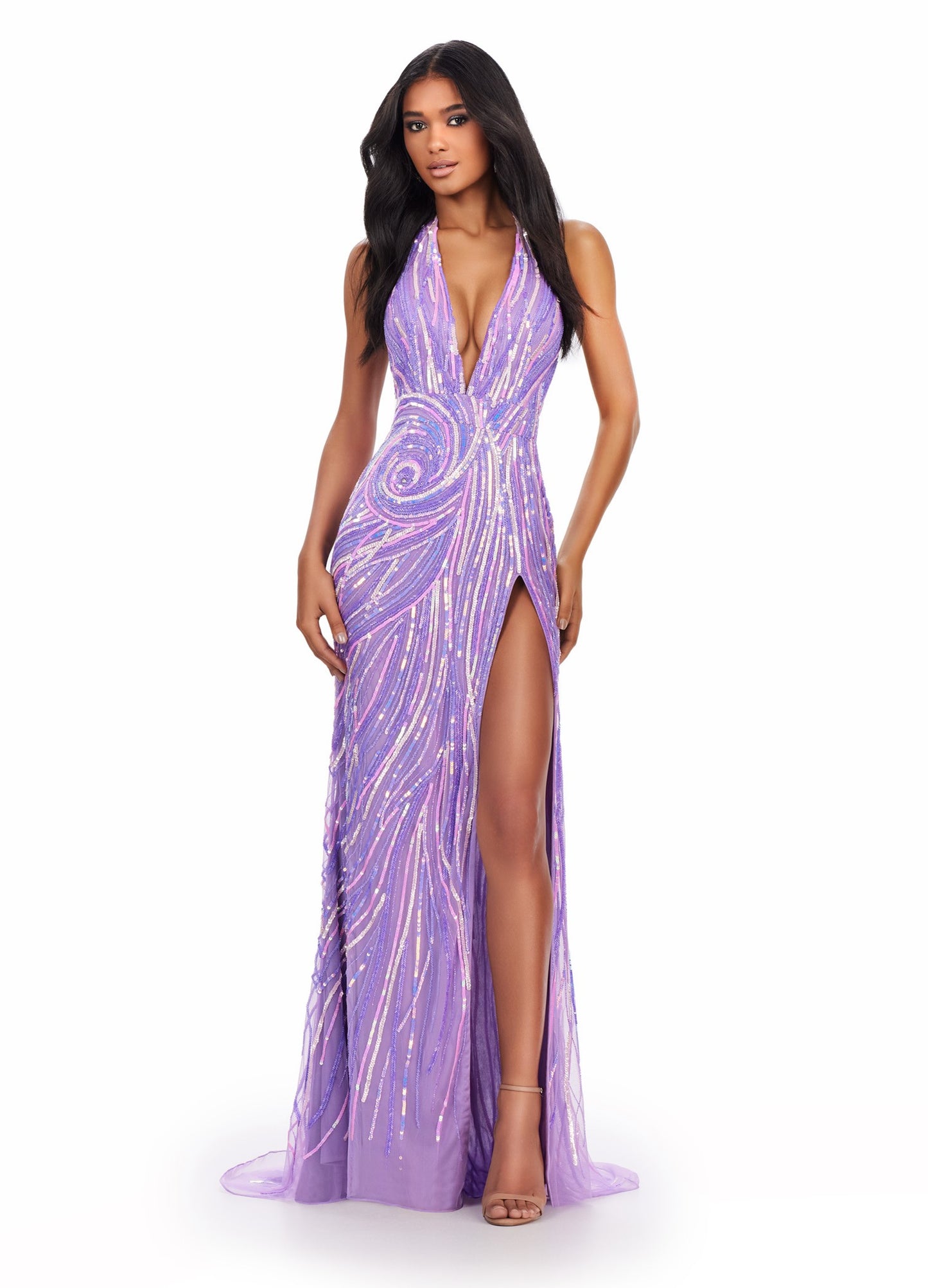 Ashley Lauren 11670 size 2,4 Orchid Long Beaded High Slit Halter Dress Pageant Formal Gown Backless