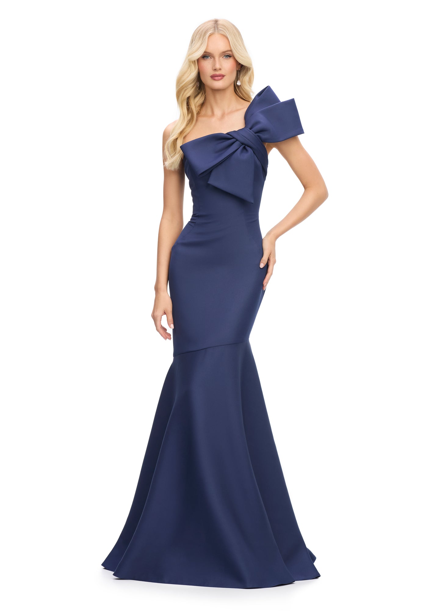 Ashley Lauren 11696 One Shoulder Bow Strap Evening Gown Satin Fit and Flare Sweeping Train