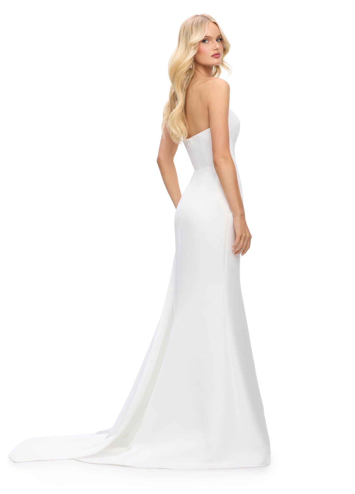 Ashley Lauren 11700 Asymetrical Neckline Evening Gown Satin Ruched Embellished Waist Leading to Flowy Side Train