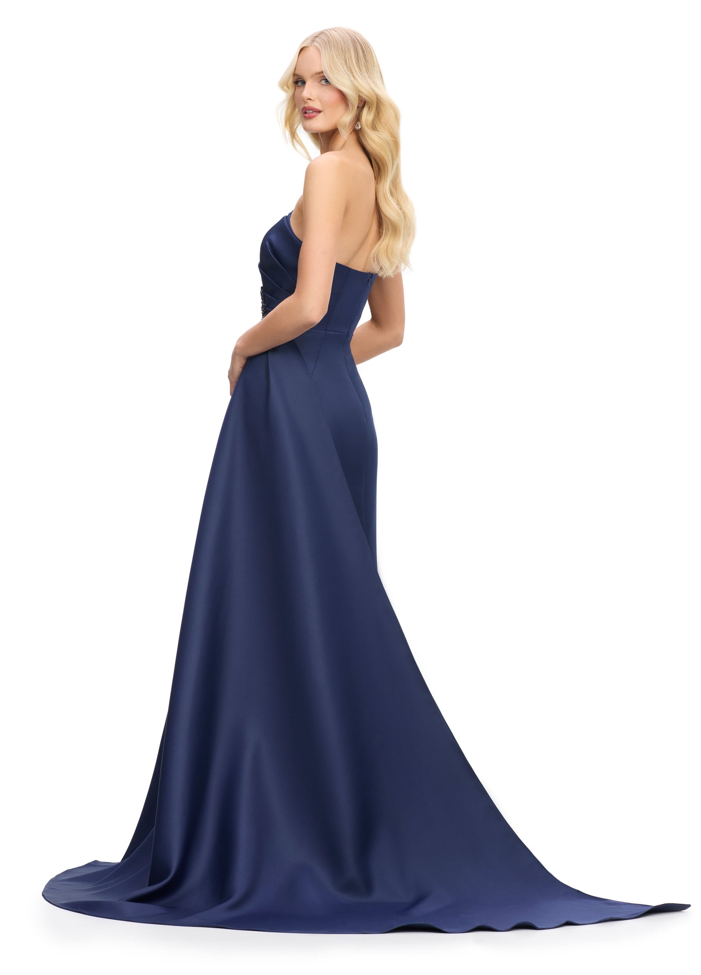 Ashley Lauren 11700 Asymetrical Neckline Evening Gown Satin Ruched Embellished Waist Leading to Flowy Side Train