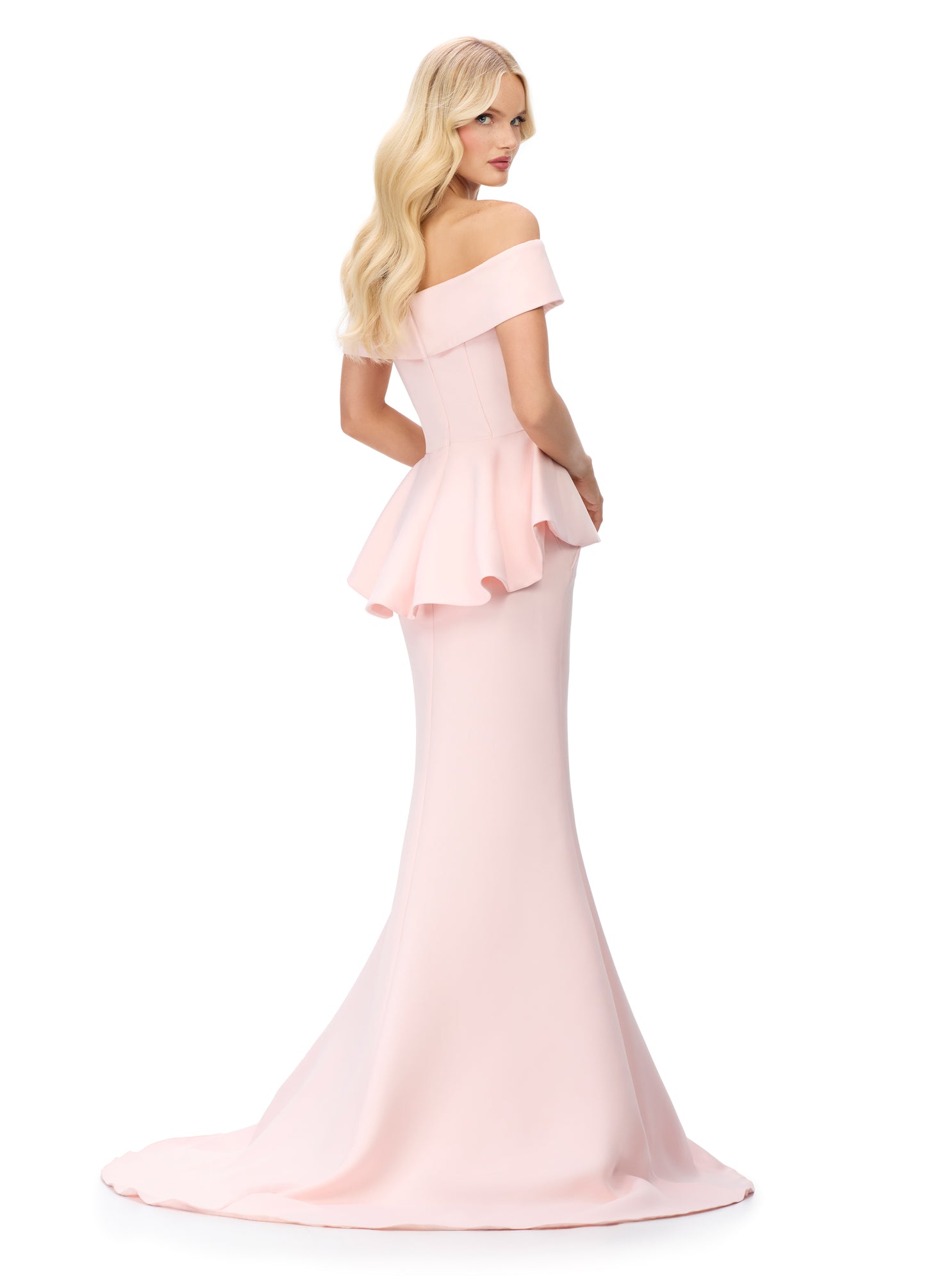 Ashley Lauren 11710 Off The Shoulder Evening Gown. Featuring a flattering V neckline and peplum waist, this long fit and flare dress brings elegance to any occasion. Its off the shoulder design adds a touch of romance while accentuating your figure. Elevate your evening style with this stunning dress.  Colors:&nbsp; Navy, Blush, Wine