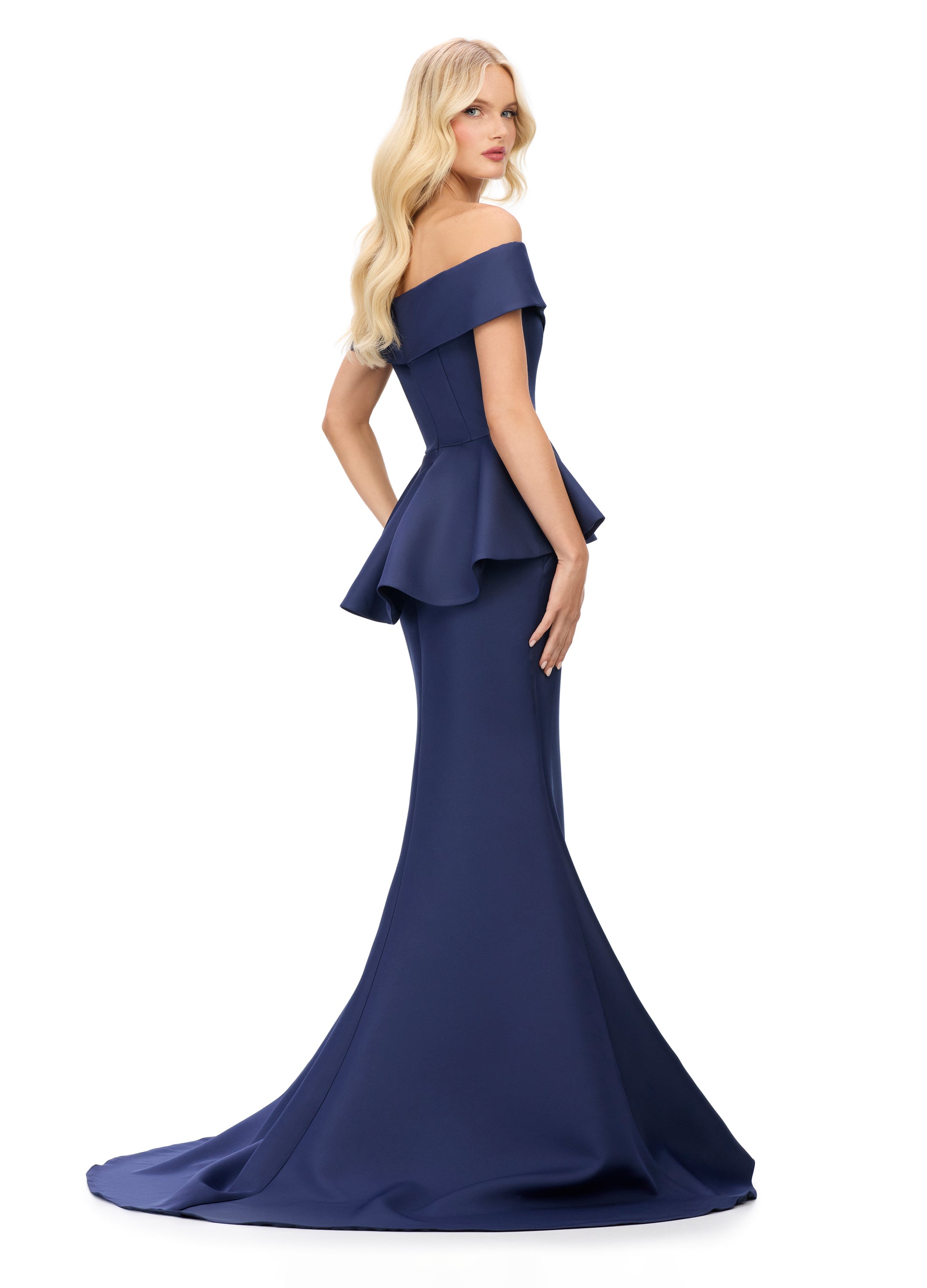 Ashley Lauren 11710 Off The Shoulder Evening Gown. Featuring a flattering V neckline and peplum waist, this long fit and flare dress brings elegance to any occasion. Its off the shoulder design adds a touch of romance while accentuating your figure. Elevate your evening style with this stunning dress.  Colors:&nbsp; Navy, Blush, Wine