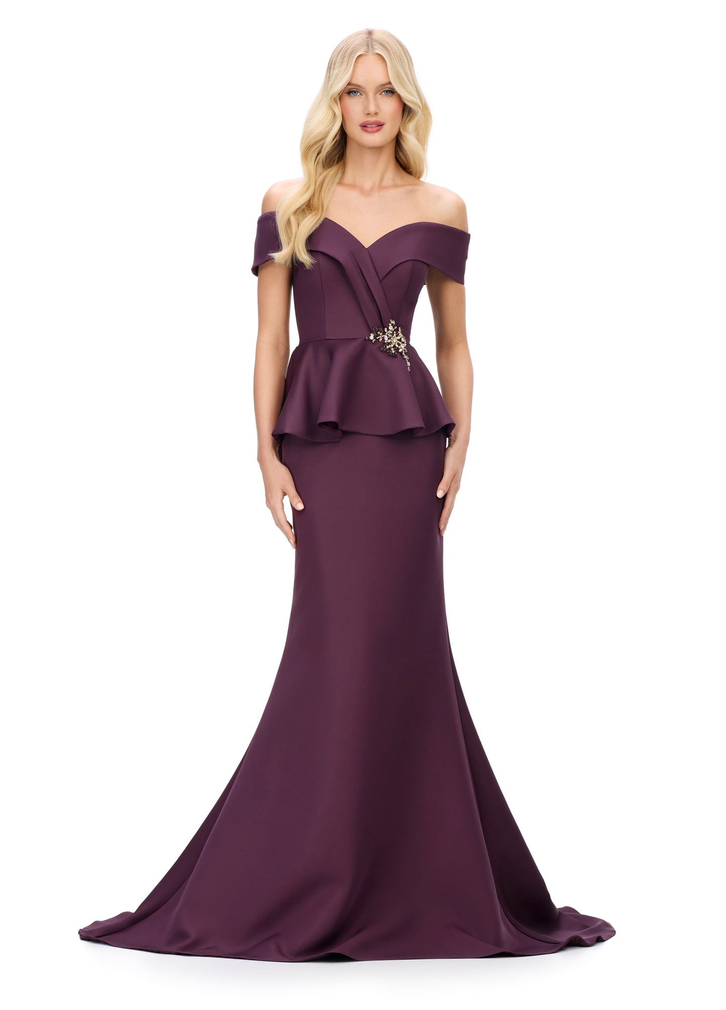 Ashley Lauren 11710 Off The Shoulder Evening Gown. Featuring a flattering V neckline and peplum waist, this long fit and flare dress brings elegance to any occasion. Its off the shoulder design adds a touch of romance while accentuating your figure. Elevate your evening style with this stunning dress.  Colors:&nbsp; Navy, Blush, Wine