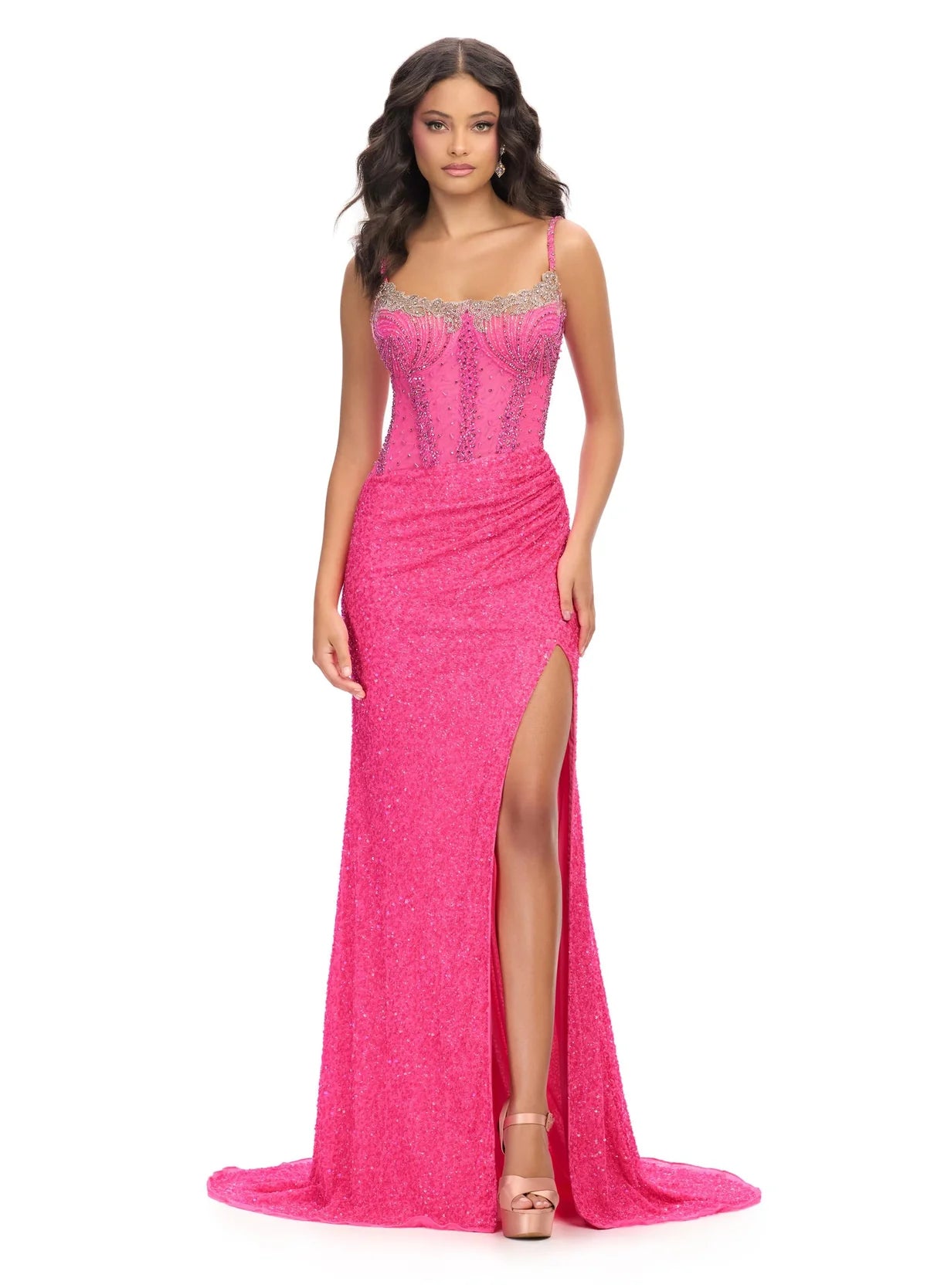 Ashley Lauren 11711 Hot Pink Prom Dress Evening Gown spaghetti straps corset illusion neckline