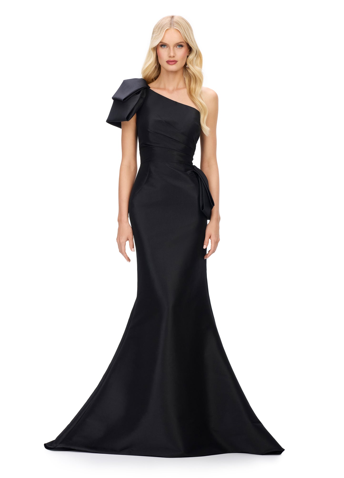 Ashley Lauren 11722 One Shoulder Evening Gown Taffeta Fit and Flare Ruching