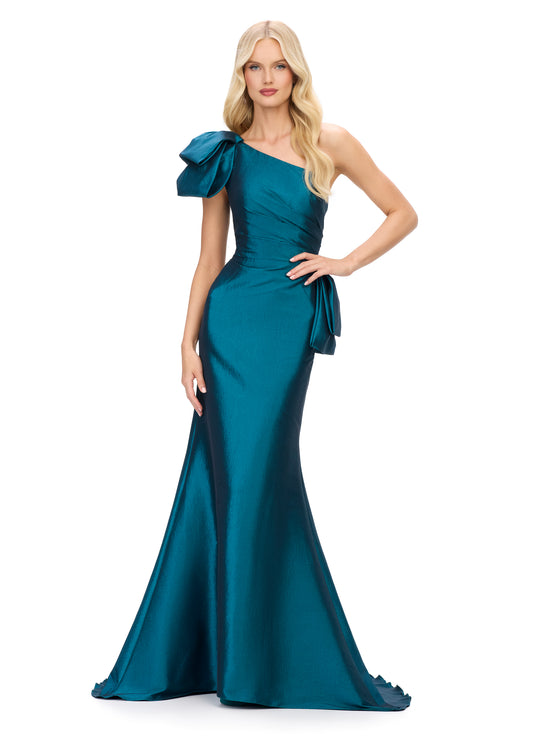 Ashley Lauren 11722 One Shoulder Evening Gown Taffeta Fit and Flare Ruching