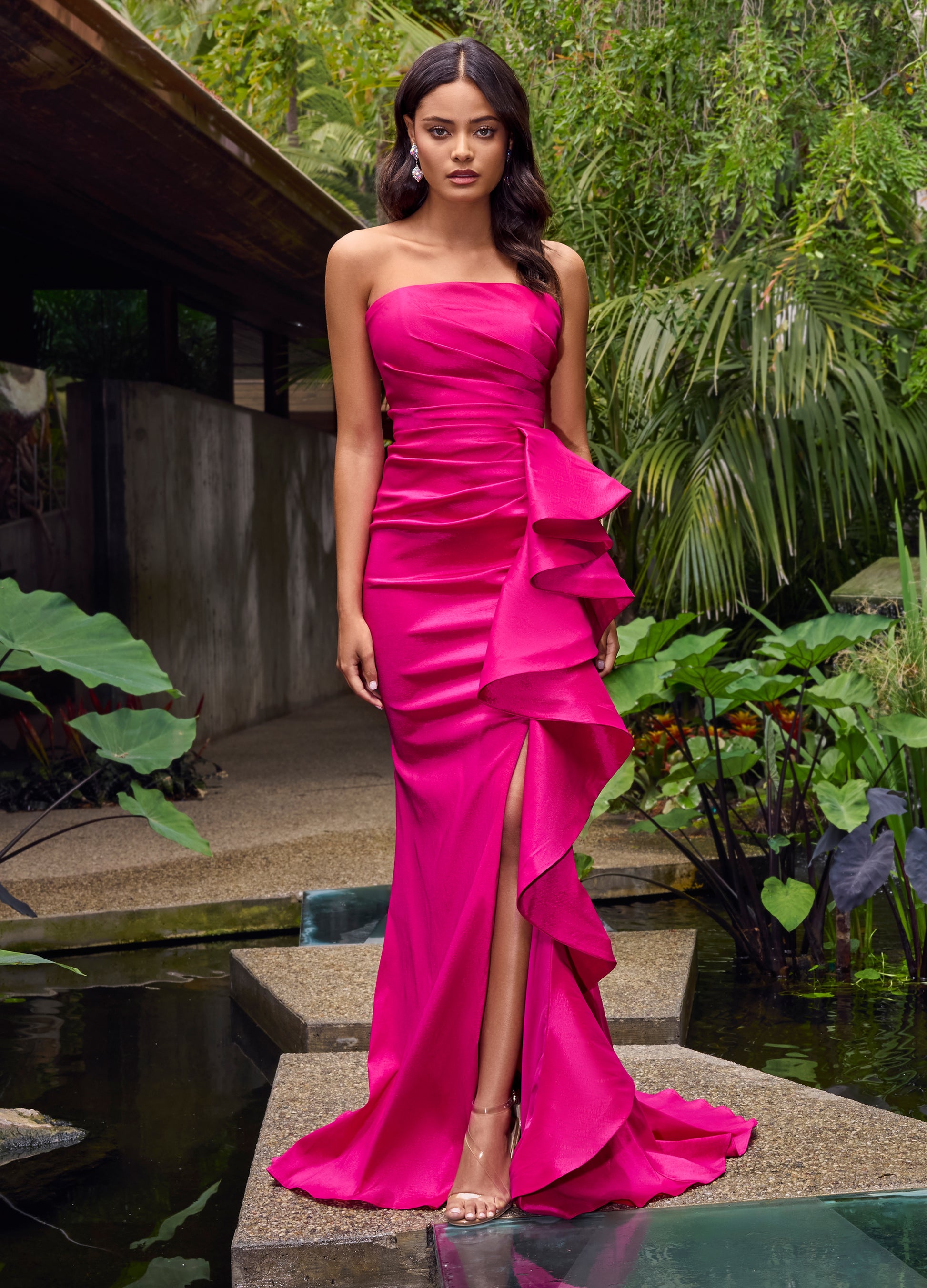  Ashley Lauren 11751 Strapless Evening Gown. The straight neckline and side ruffle slit add an elegant touch. With ruching to accentuate your figure, this gown is perfect for any formal event. 