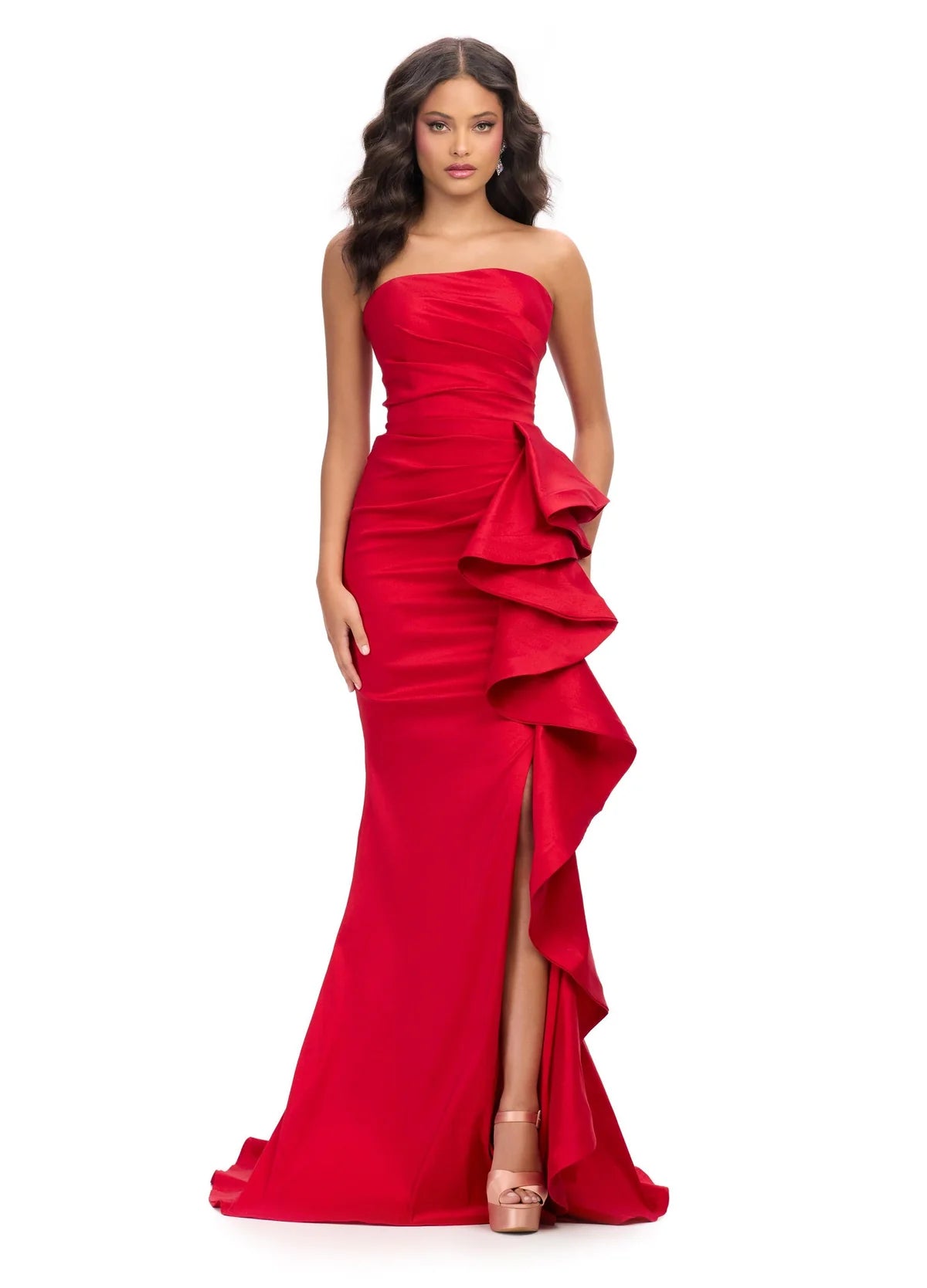 Ashley Lauren 11751 Red Strapless Evening Gown with Straight Neckline Ruching Side Ruffle Slit