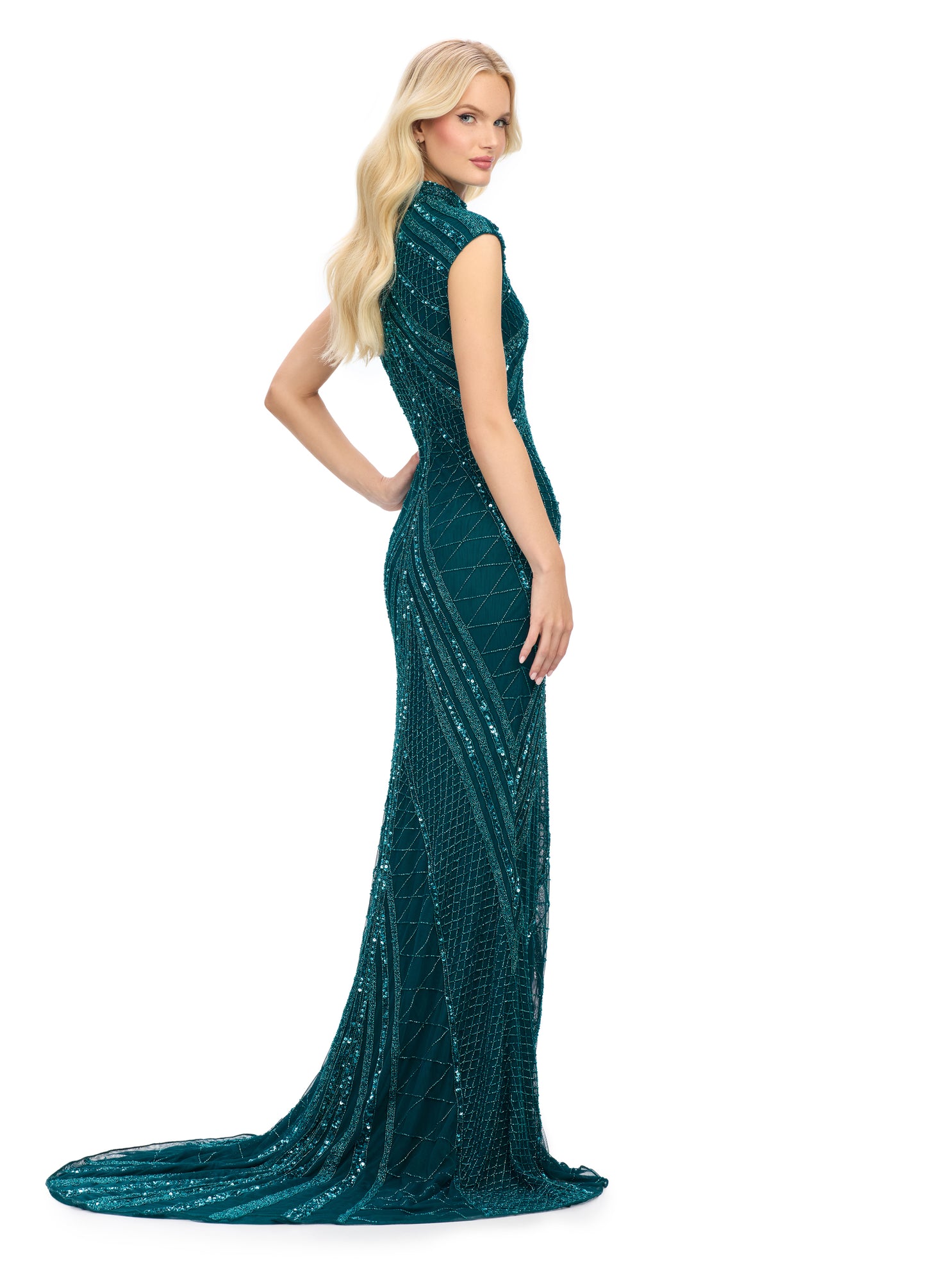 Ashley Lauren 1624 High Neck Beaded Evening Gown With Center Slit Cap Sleeves