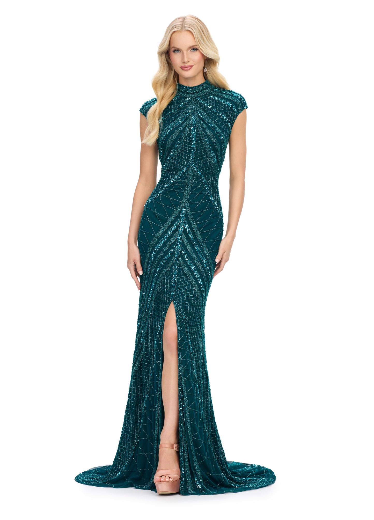 Ashley Lauren 1624 High Neck Beaded Evening Gown With Center Slit Cap Sleeves