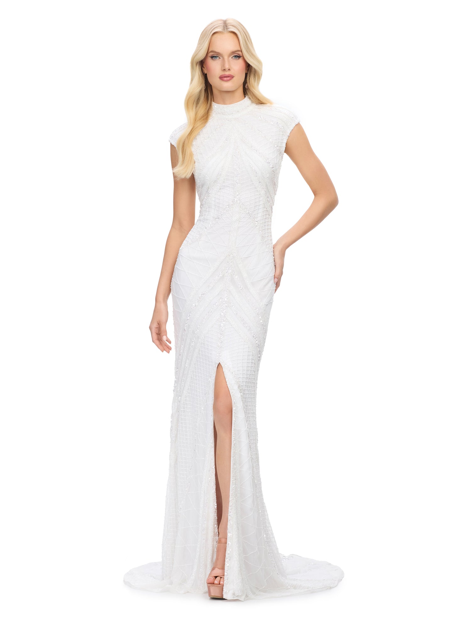 Ashley Lauren 1624 High Neck Beaded Evening Gown With Center Slit Cap Sleeves