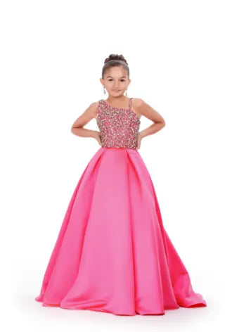 Ashley Lauren 8153 Kids hot pink pageant dress girls pleated heavy satin long ballgown dress crystal embellished bodice front