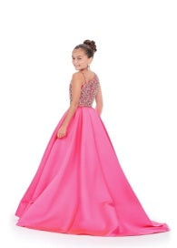 Ashley Lauren 8153 Kids hot pink pageant dress girls pleated heavy satin long ballgown dress crystal embellished bodice back