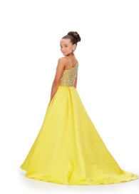 Ashley Lauren 8153 Kids yellow pageant dress girls pleated heavy satin long ballgown dress crystal embellished bodice back